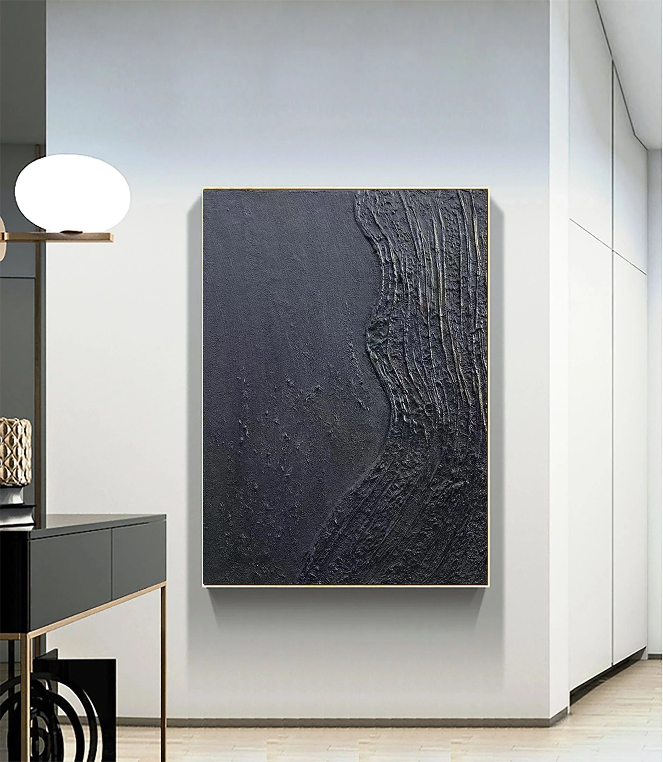 Charcoal Flow-Hand Drawn Pure Black Three-Dimensional Texture Minimalist Wall Art - artextured