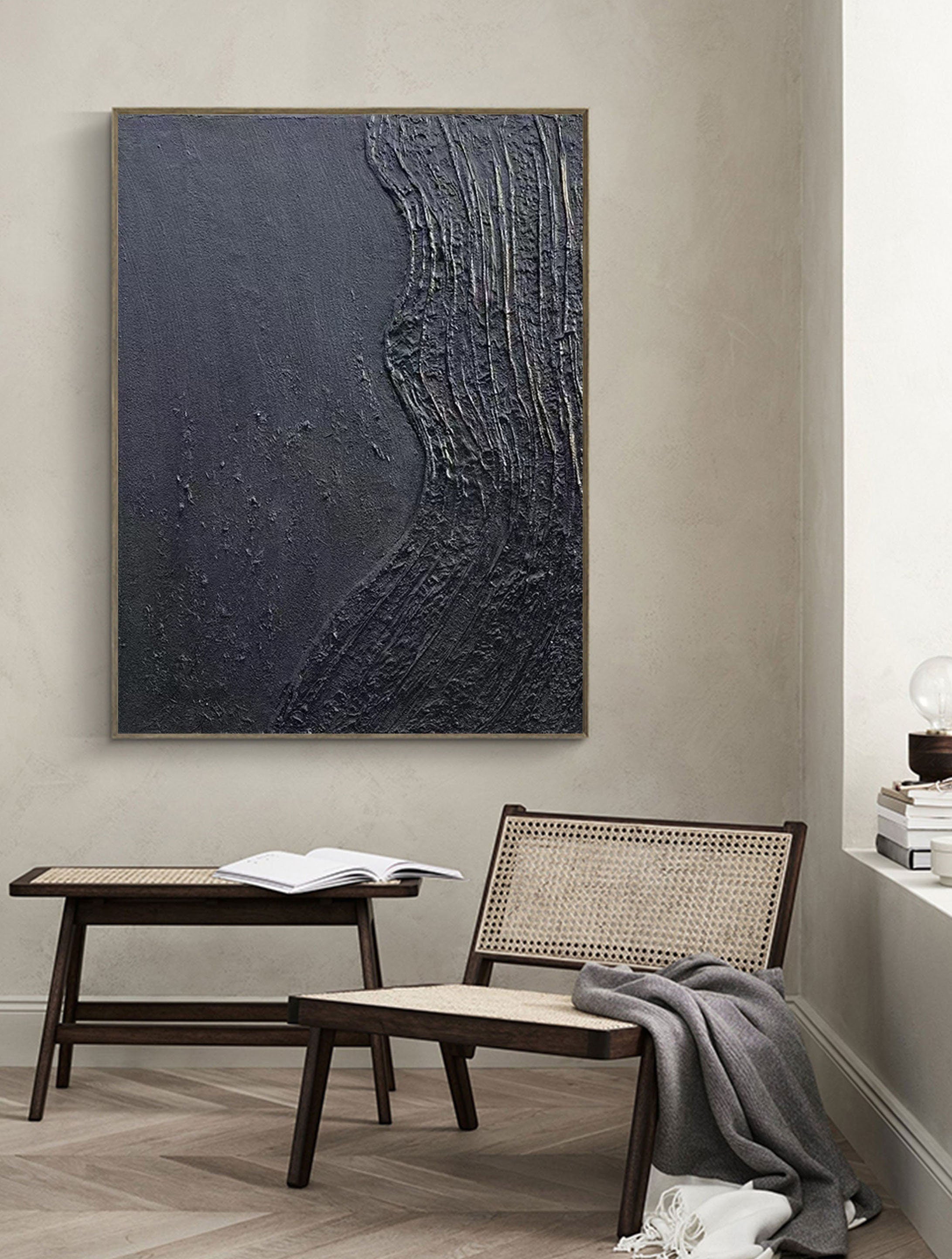 Charcoal Flow-Hand Drawn Pure Black Three-Dimensional Texture Minimalist Wall Art