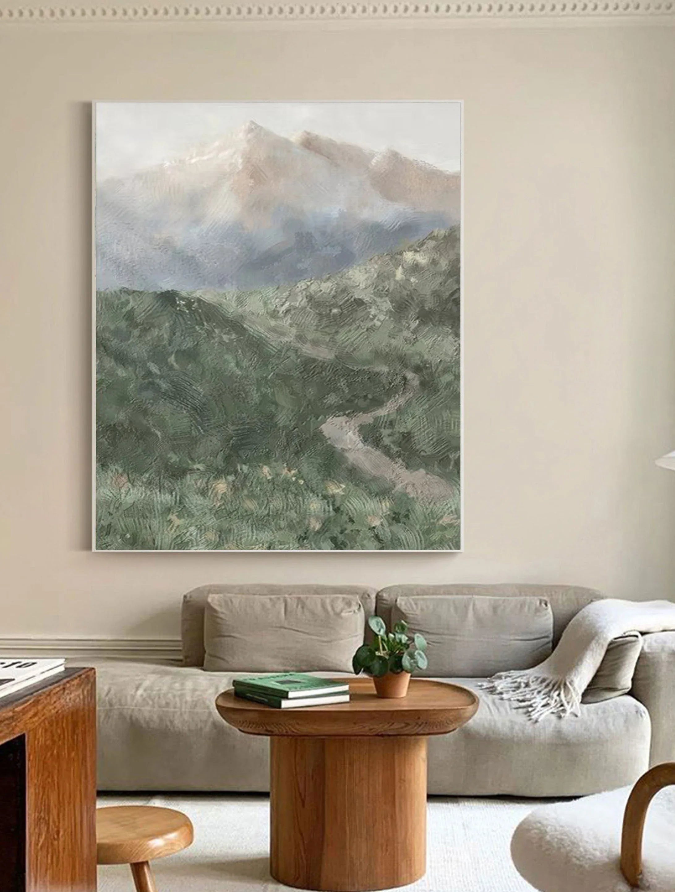 Misty Mountain Path-Hand drawn Green Gray Texture Mountain Abstract Wall Art - artextured
