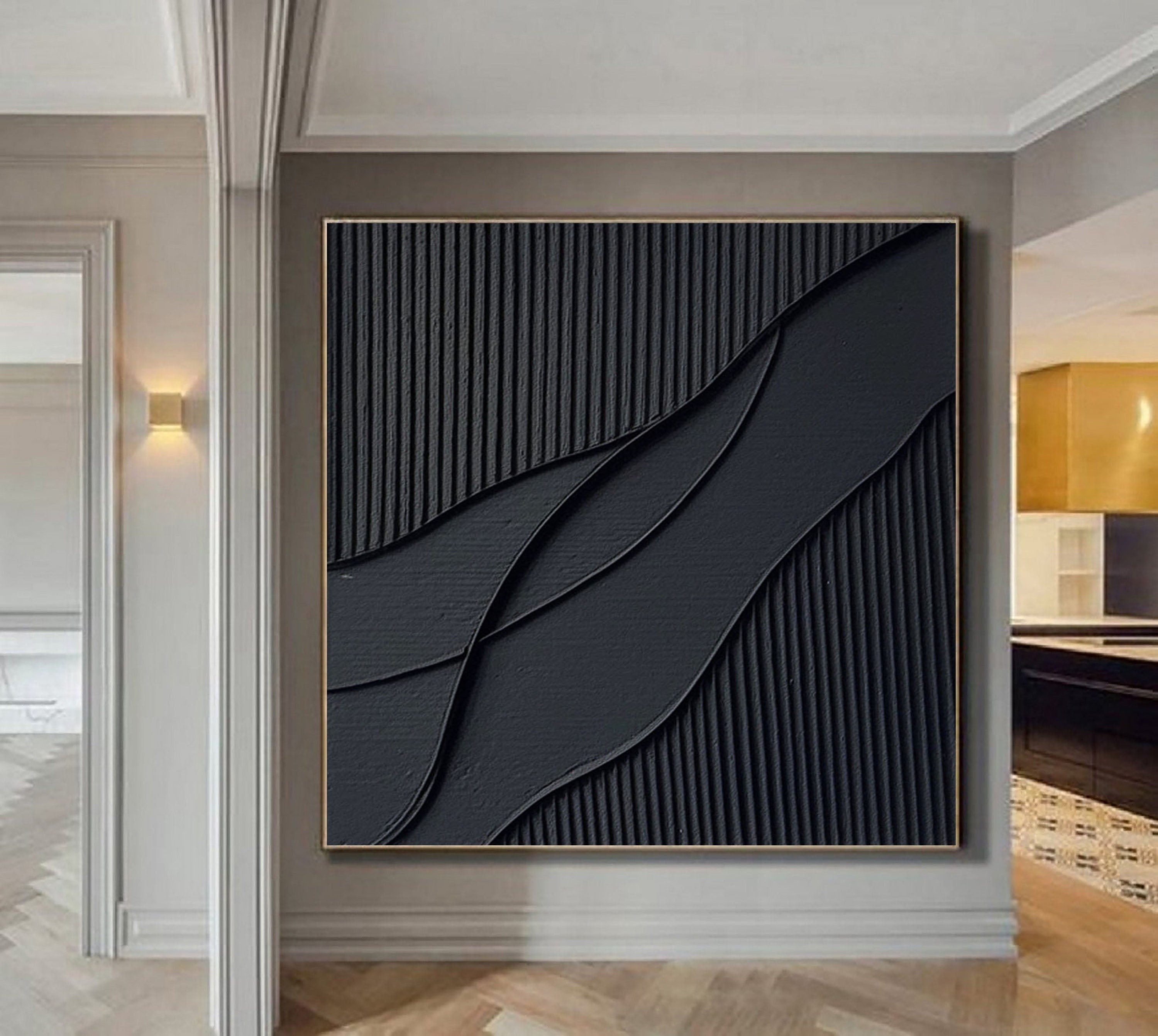 Ripple in Shadow -Black Geometric Curves and Texture Abstract Wall Art