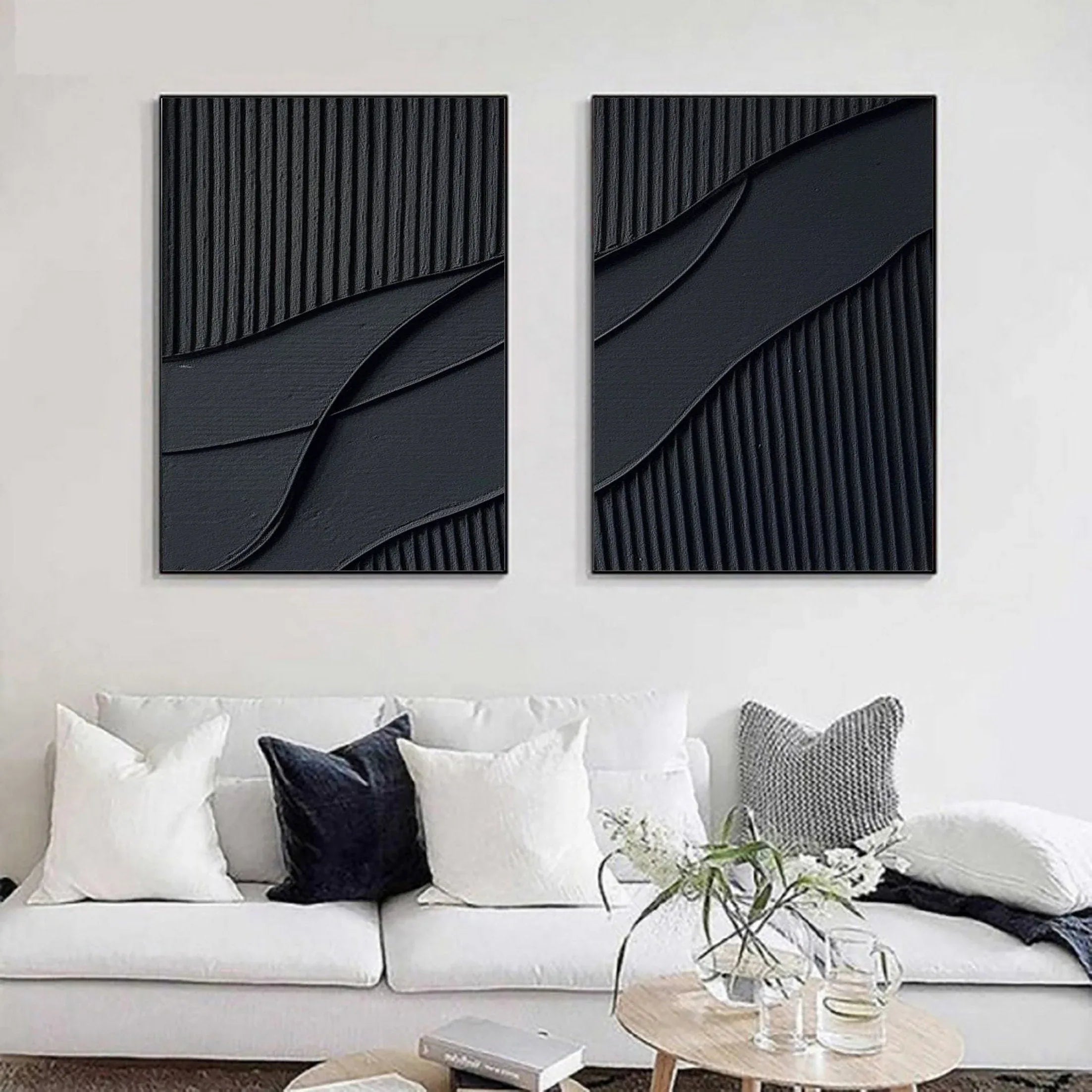Shadow Waves Abstract Painting SET OF 2-Modern Minimalist Black Textured Abstract Wall Art - artextured