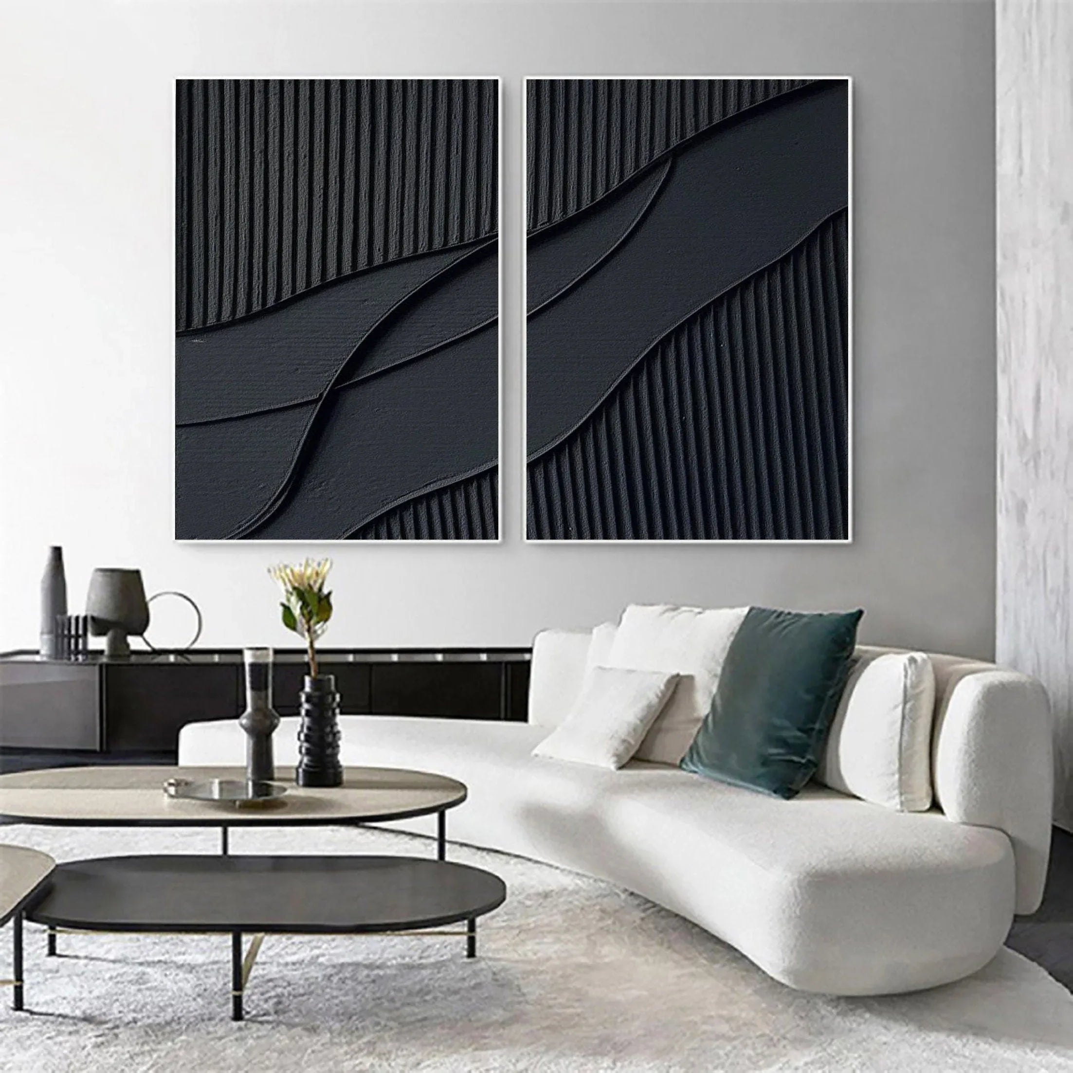 Shadow Waves Abstract Painting SET OF 2-Modern Minimalist Black Textured Abstract Wall Art - artextured