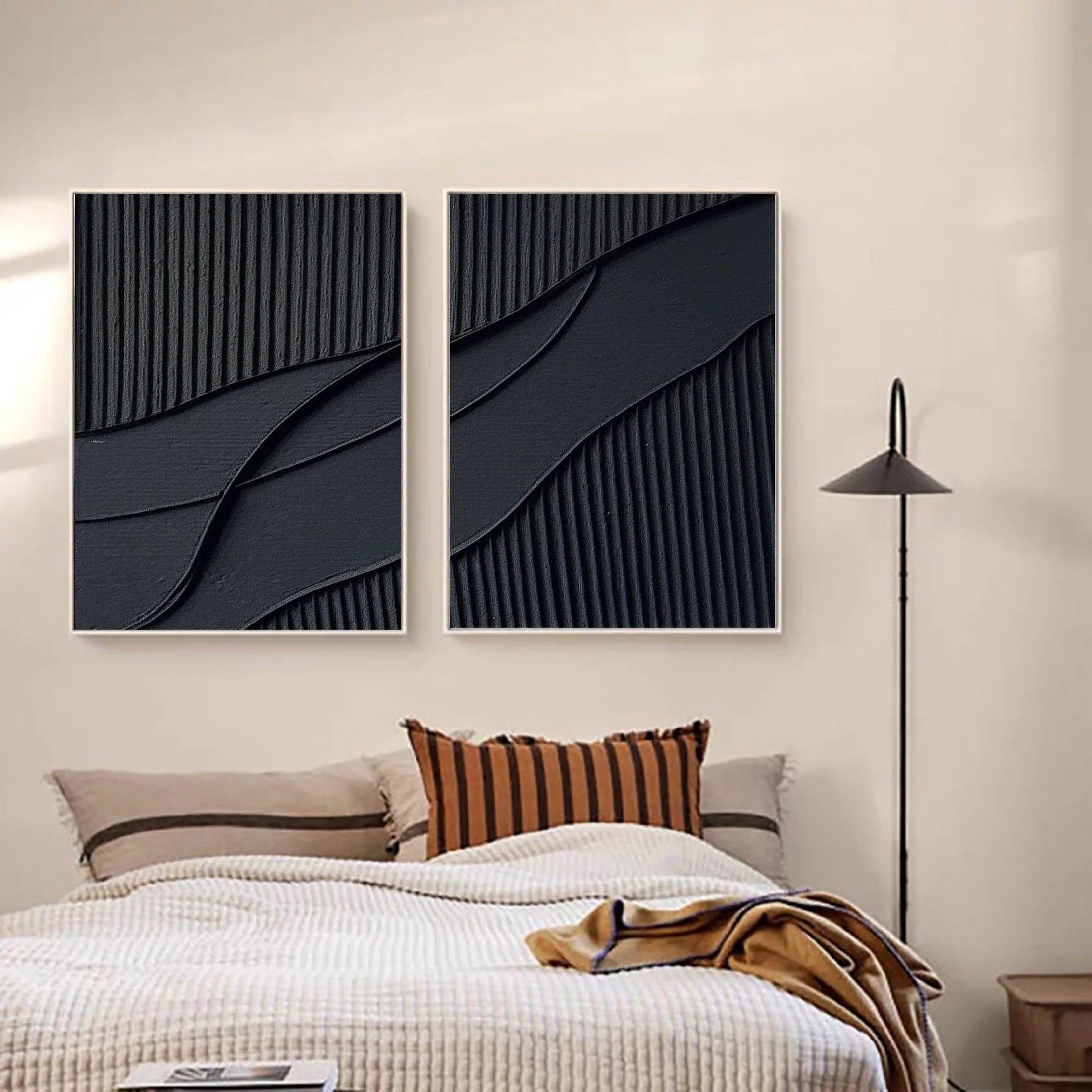 Shadow Waves Abstract Painting SET OF 2-Modern Minimalist Black Textured Abstract Wall Art - artextured