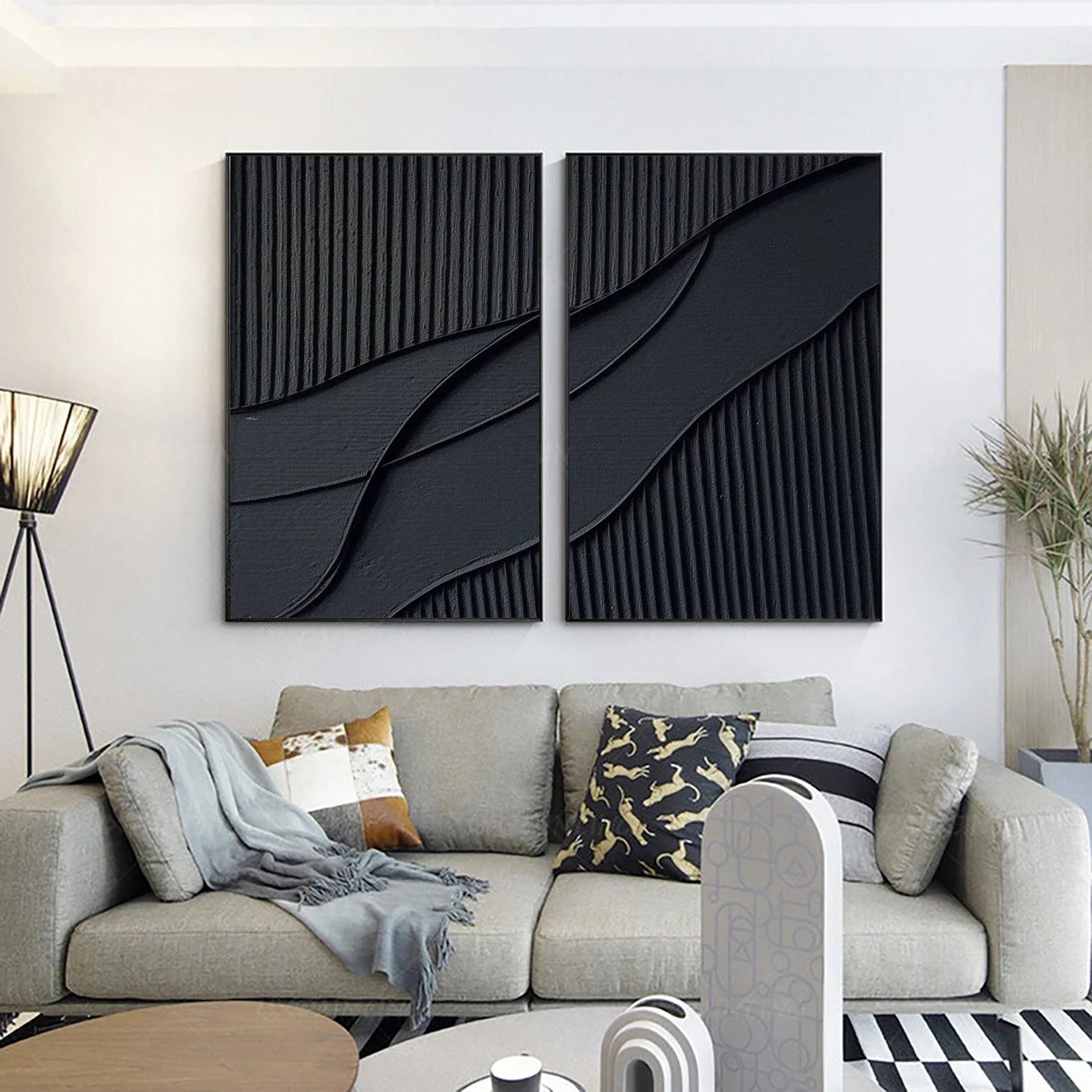Shadow Waves Abstract Painting SET OF 2-Modern Minimalist Black Textured Abstract Wall Art - artextured