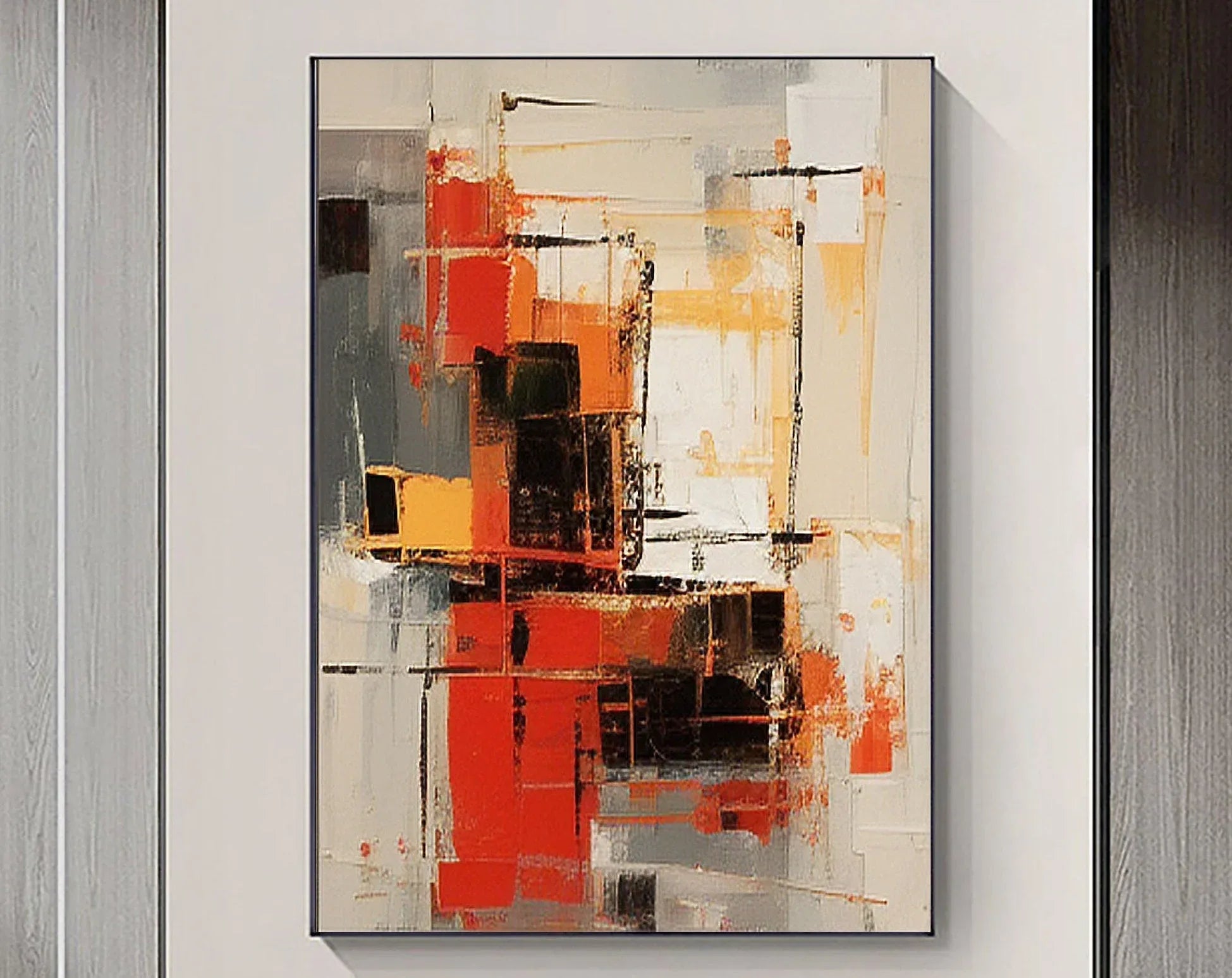 Abstract Blaze Grid-Hand Drawn Red Orange Geometric Abstract Texture Wall Art - artextured