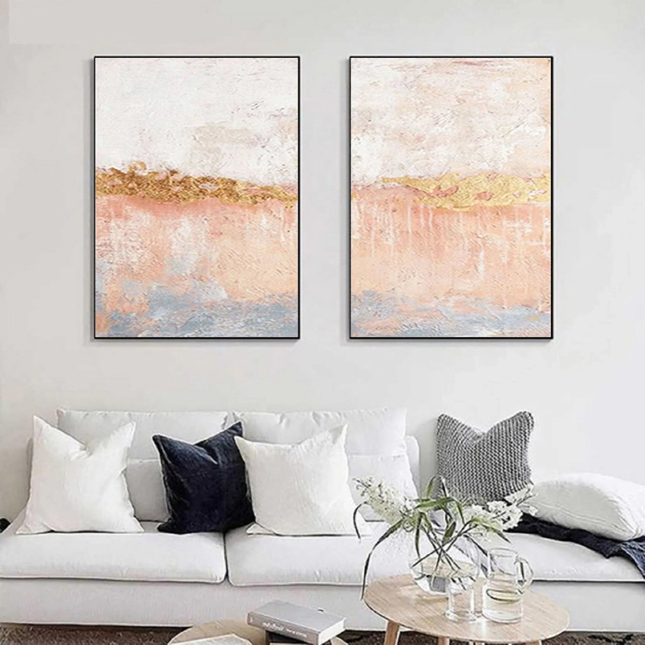 Golden Horizon Abstract Painting SET OF 2-Hand Drawn Abstract Wall Art in Modern Interior Decoration - artextured