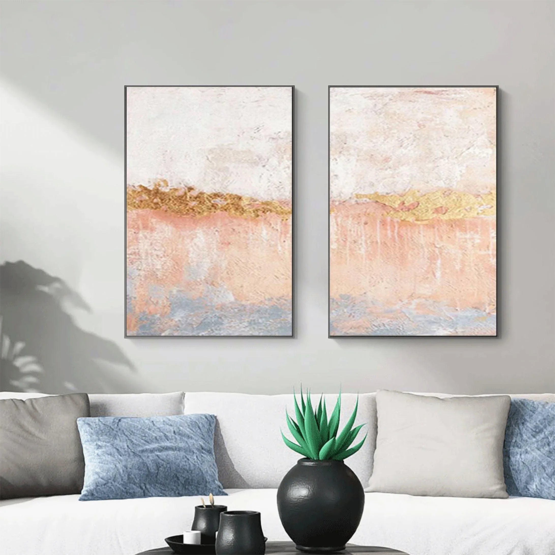 Golden Horizon Abstract Painting SET OF 2-Hand Drawn Abstract Wall Art in Modern Interior Decoration - artextured