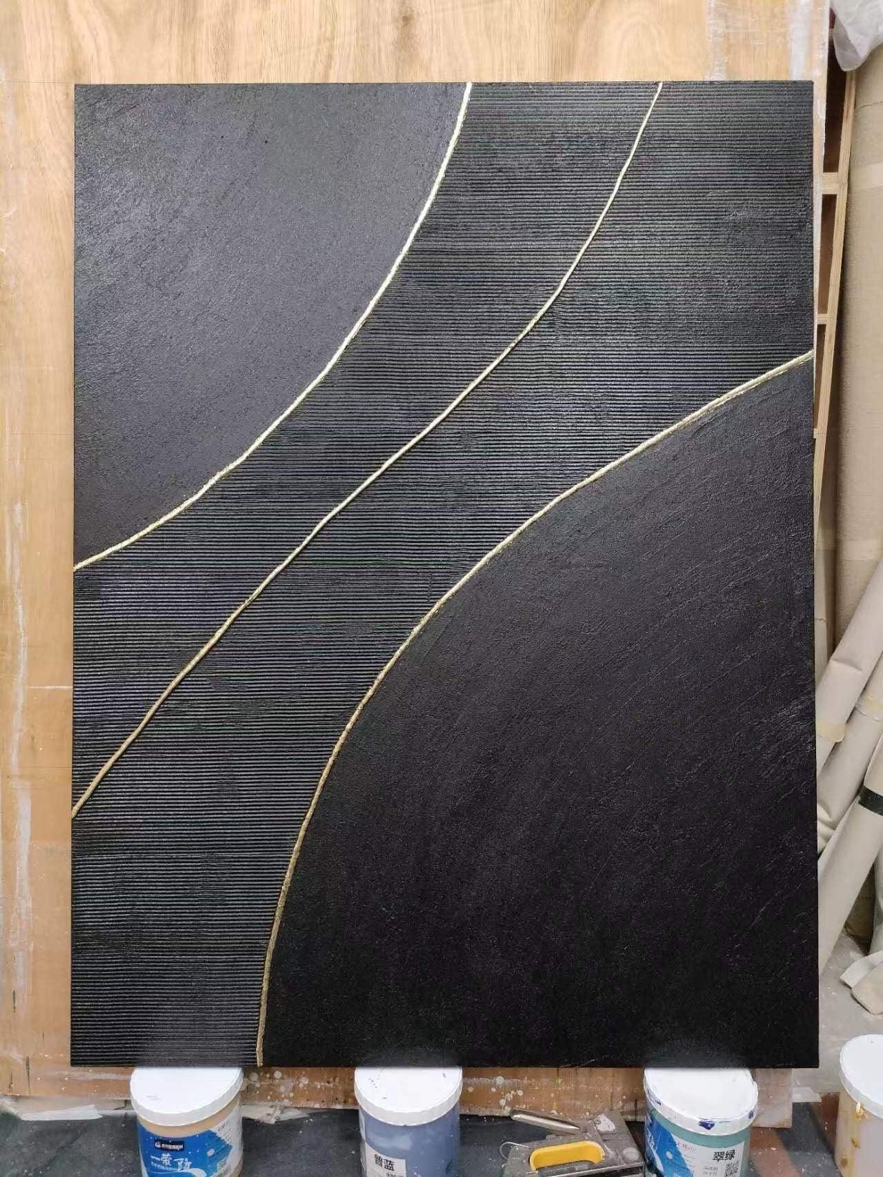 Golden Line Flow-Modern Minimalist Black Gold Geometric Curve Abstract Wall Art - artextured