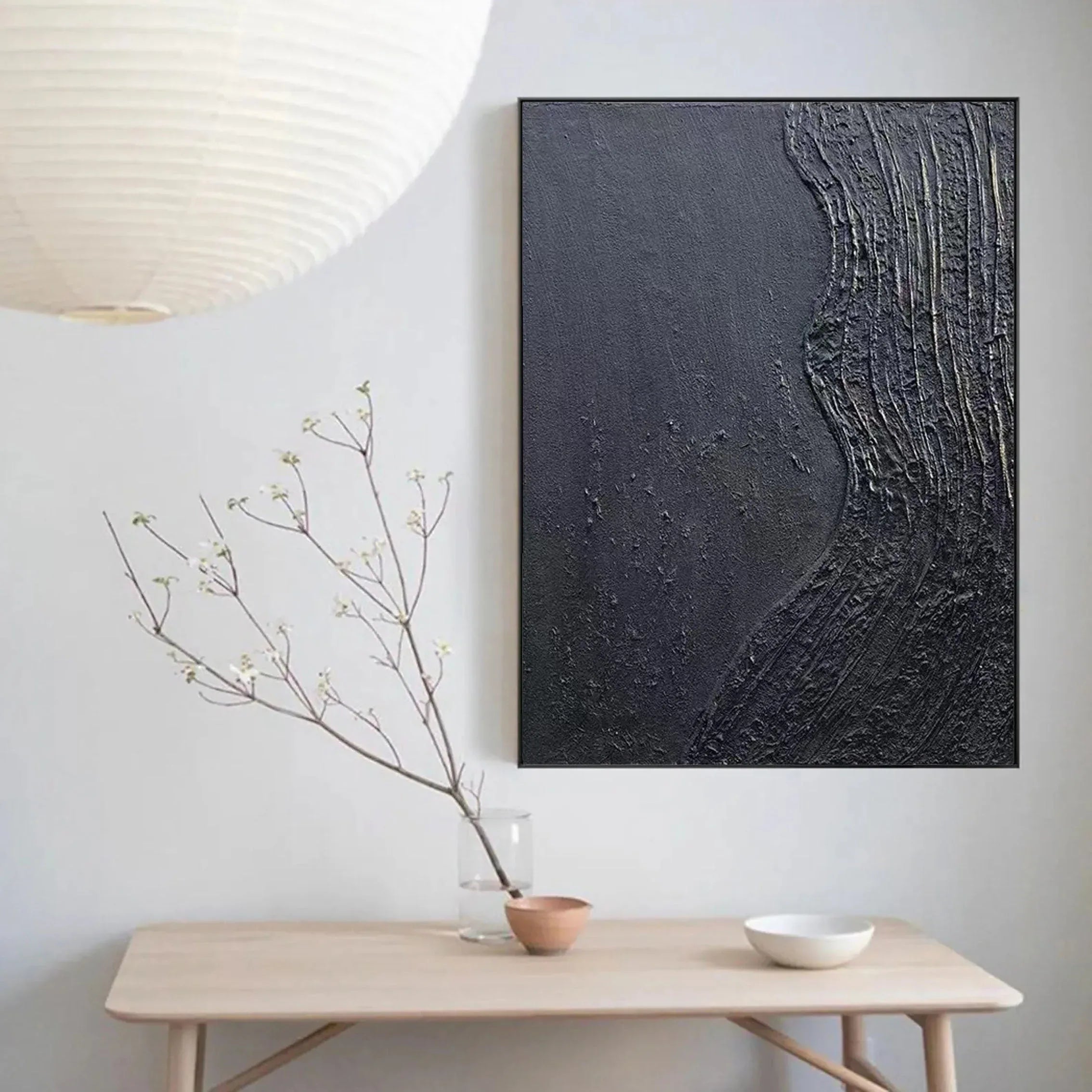 Charcoal Flow-Hand Drawn Pure Black Three-Dimensional Texture Minimalist Wall Art - artextured
