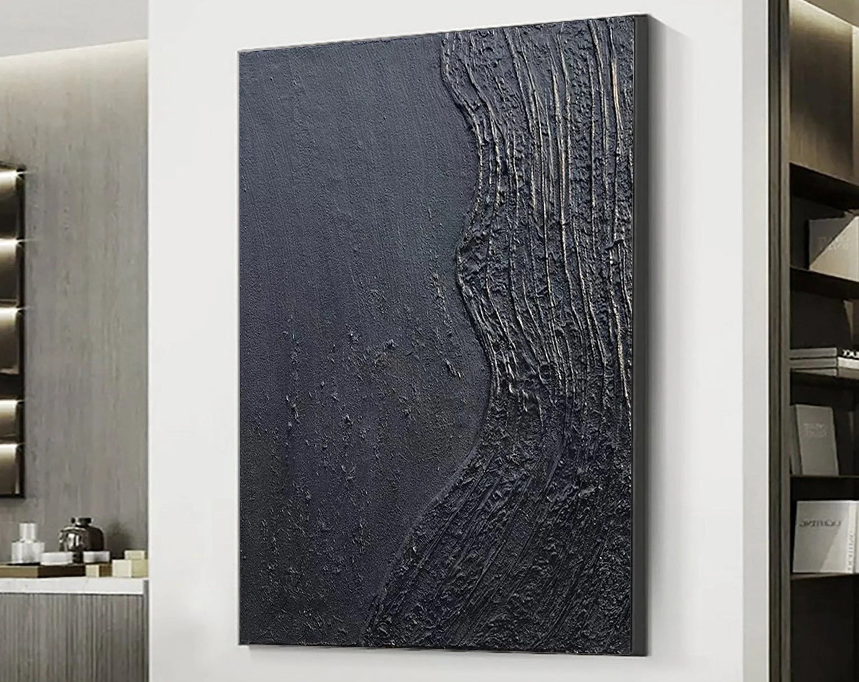 Charcoal Flow-Hand Drawn Pure Black Three-Dimensional Texture Minimalist Wall Art - artextured