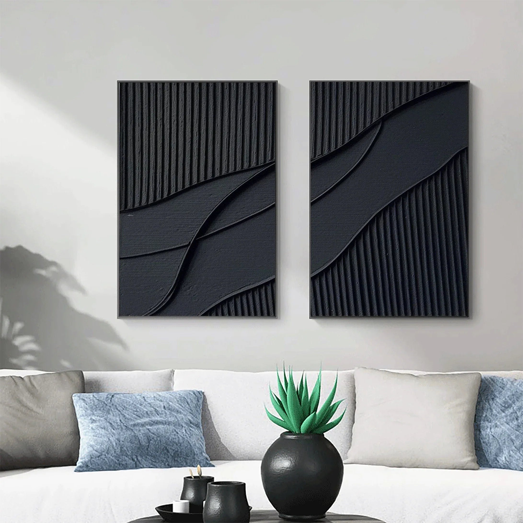 Shadow Waves Abstract Painting SET OF 2-Modern Minimalist Black Textured Abstract Wall Art - artextured