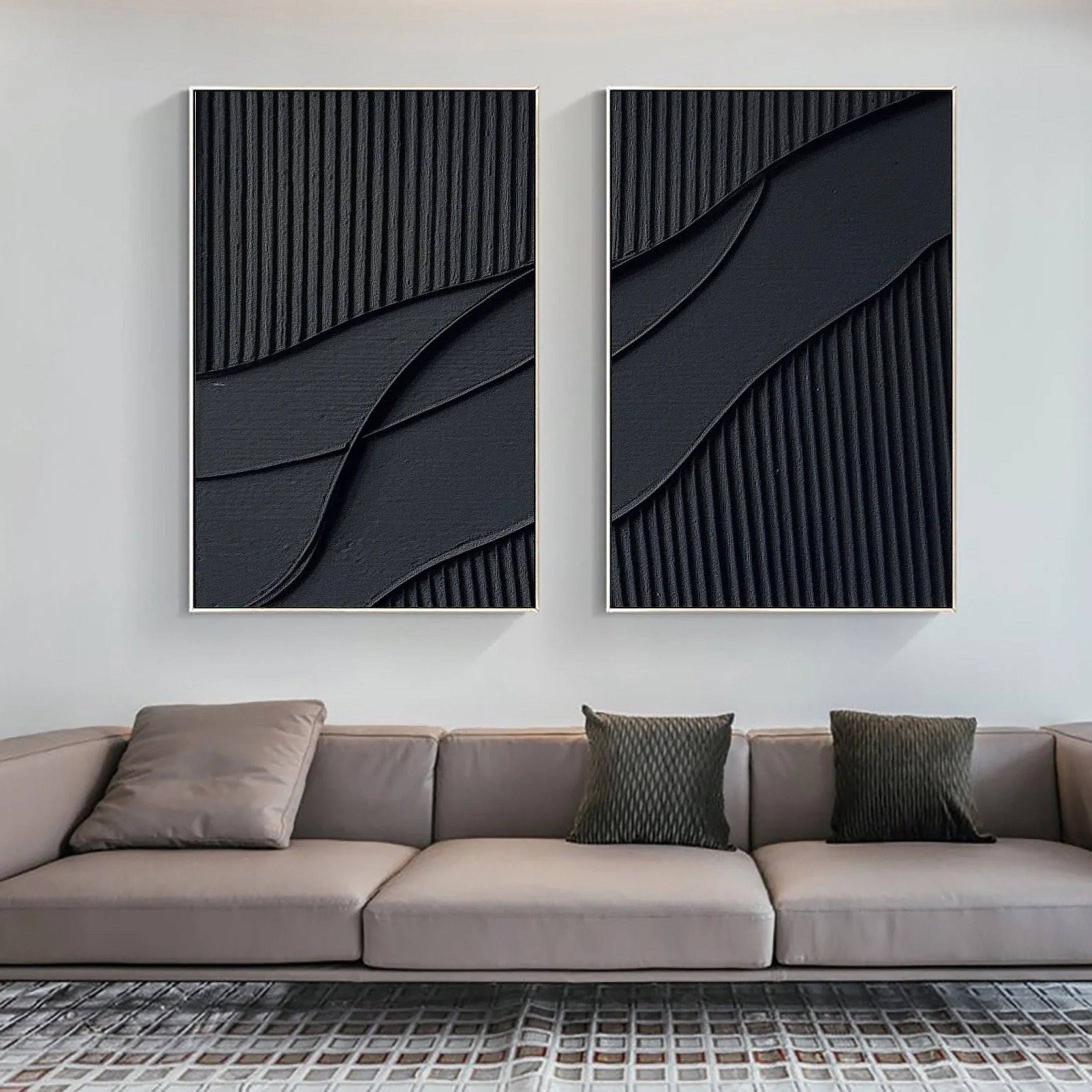 Shadow Waves Abstract Painting SET OF 2-Modern Minimalist Black Textured Abstract Wall Art - artextured