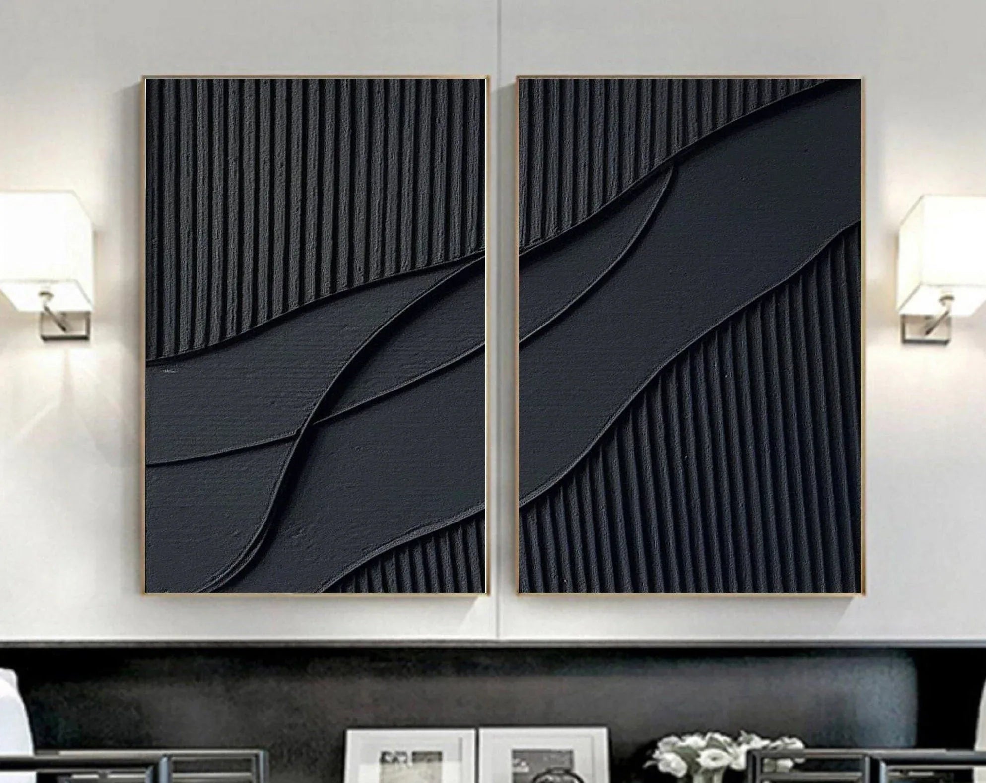 Shadow Waves Abstract Painting SET OF 2-Modern Minimalist Black Textured Abstract Wall Art - artextured