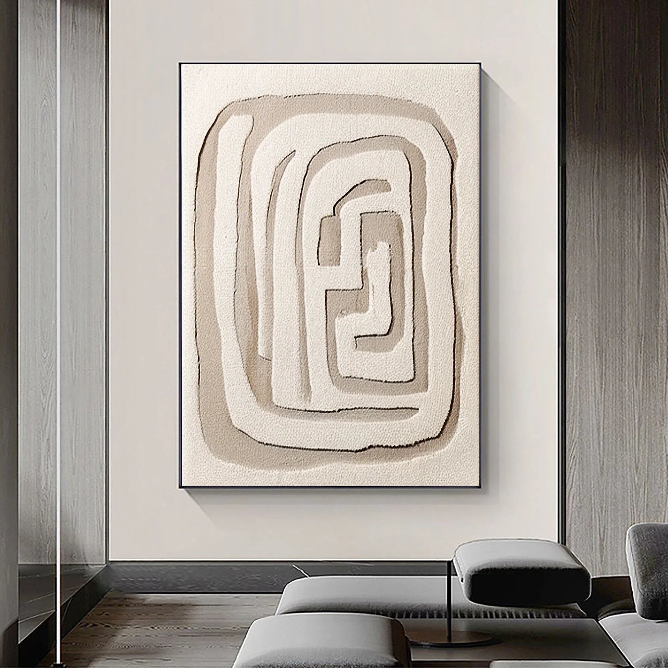 Beige Maze Echo-Modern Minimalist Geometric Maze Abstract Wall Art - artextured