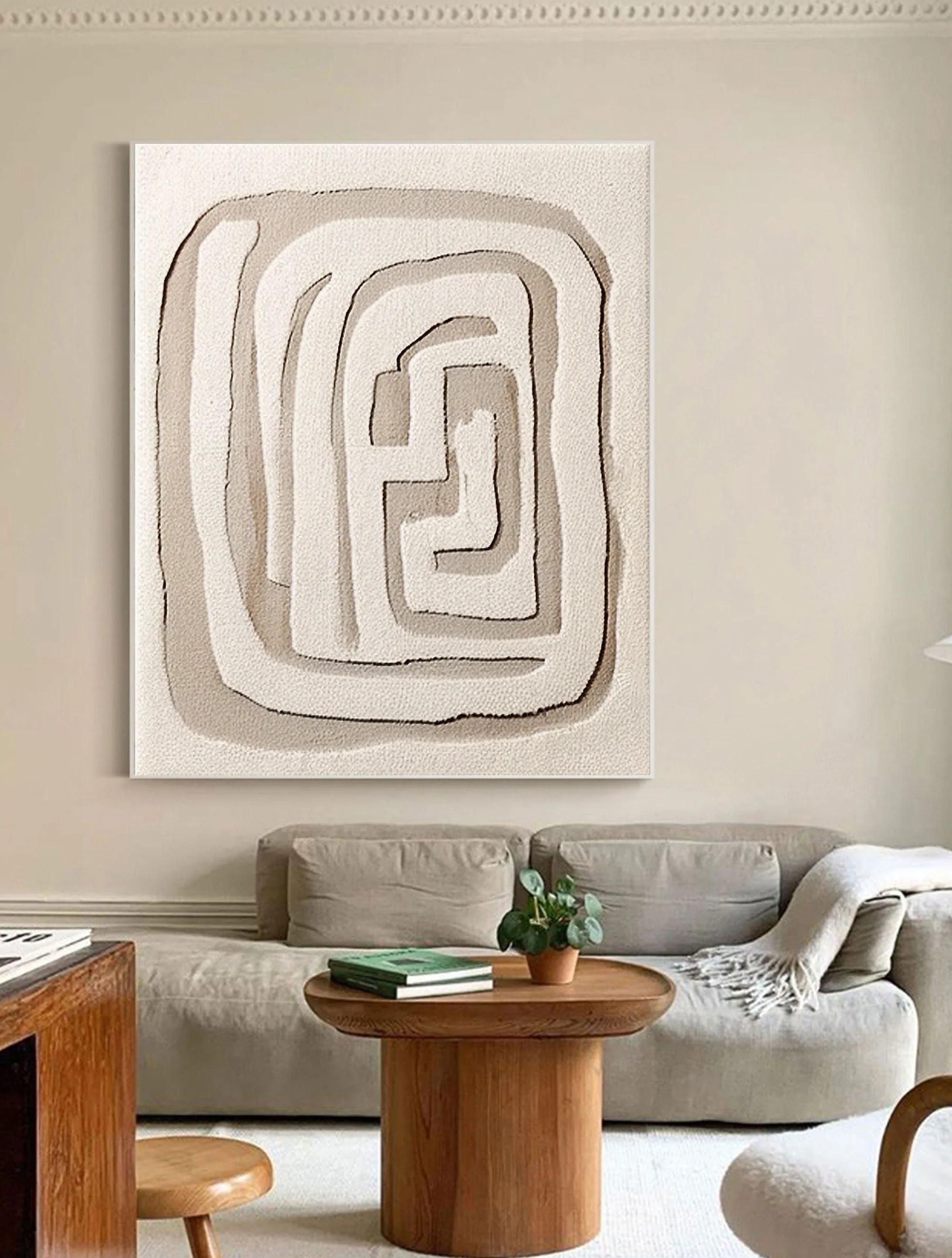 Beige Maze Echo-Modern Minimalist Geometric Maze Abstract Wall Art - artextured