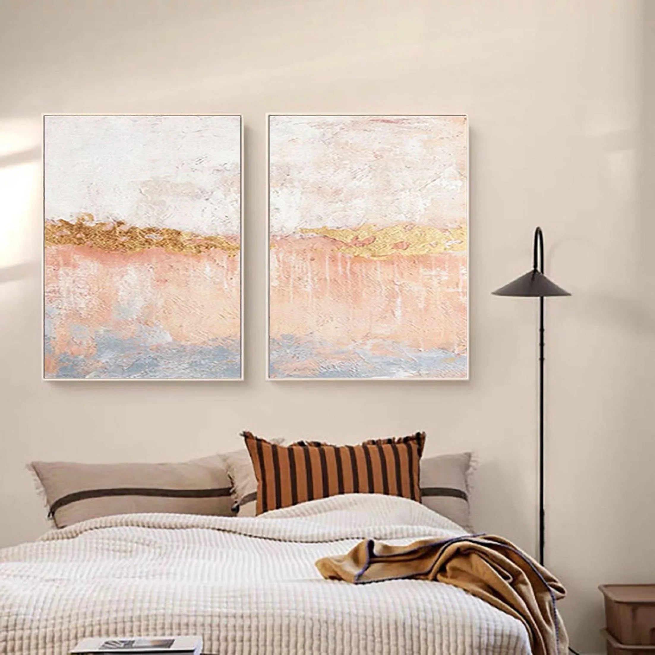 Golden Horizon Abstract Painting SET OF 2-Hand Drawn Abstract Wall Art in Modern Interior Decoration - artextured