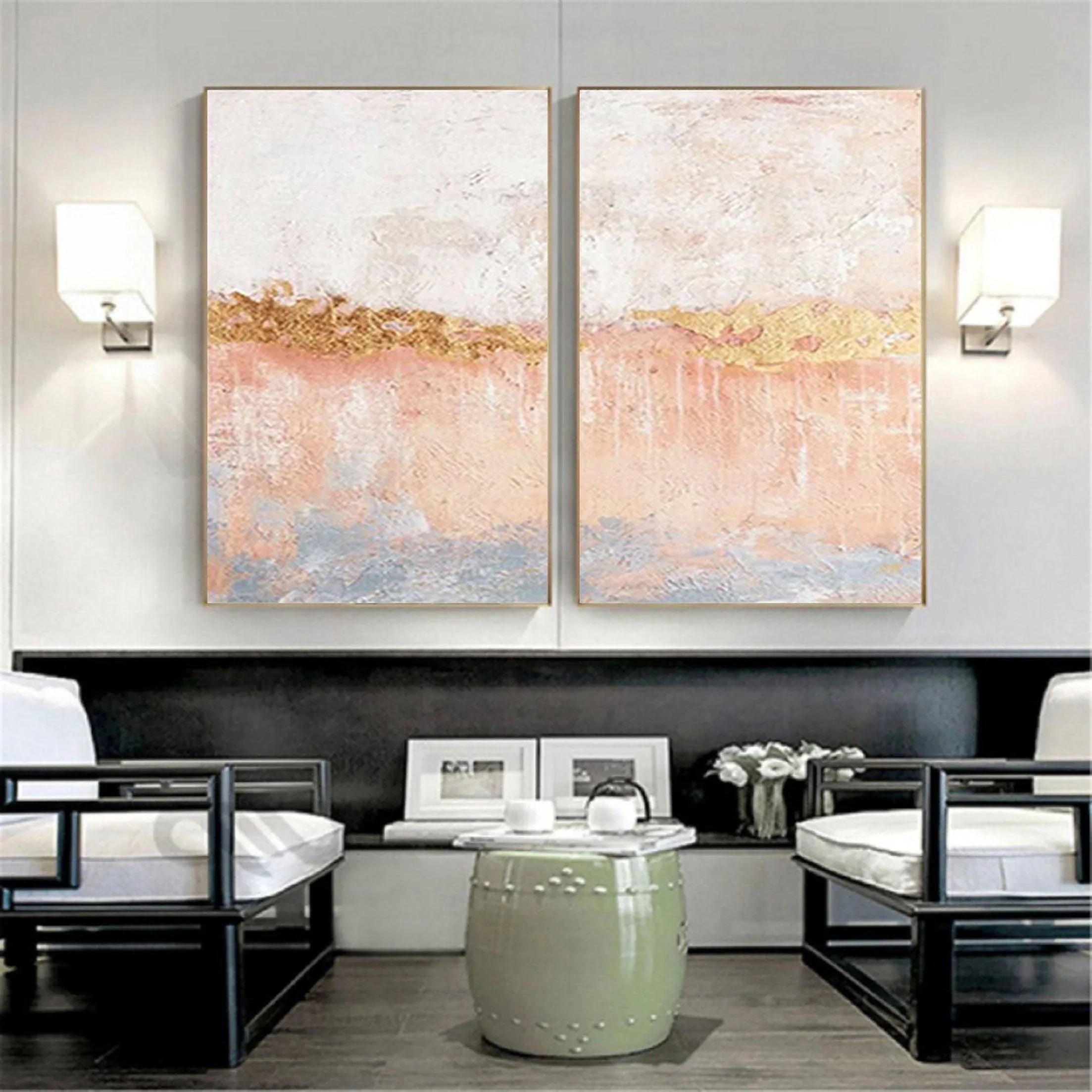 Golden Horizon Abstract Painting SET OF 2-Hand Drawn Abstract Wall Art in Modern Interior Decoration - artextured