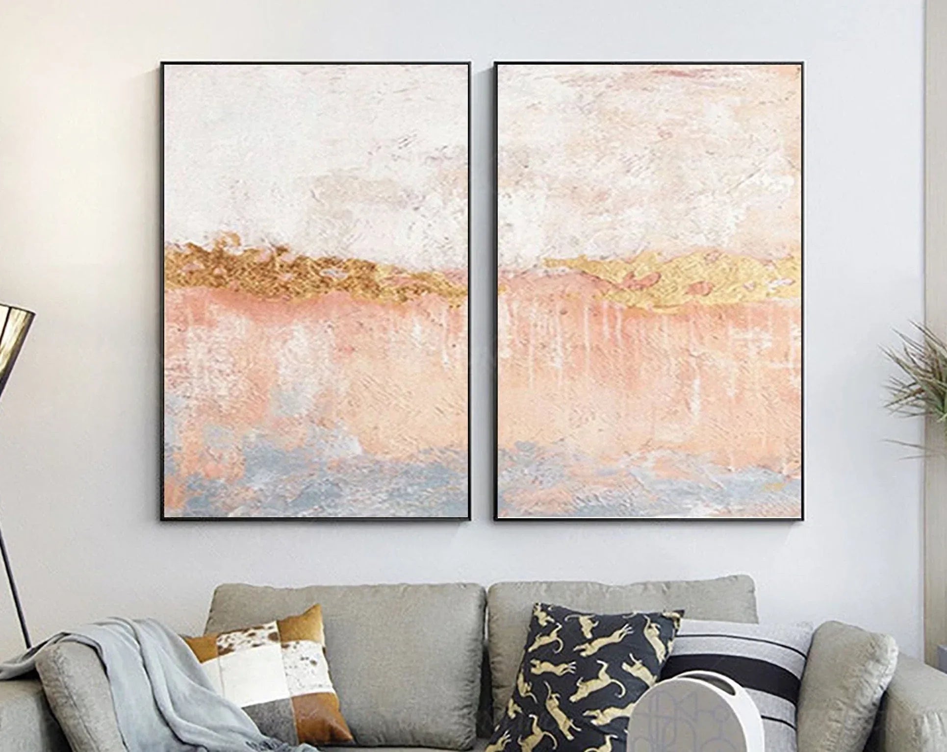 Golden Horizon Abstract Painting SET OF 2-Hand Drawn Abstract Wall Art in Modern Interior Decoration - artextured