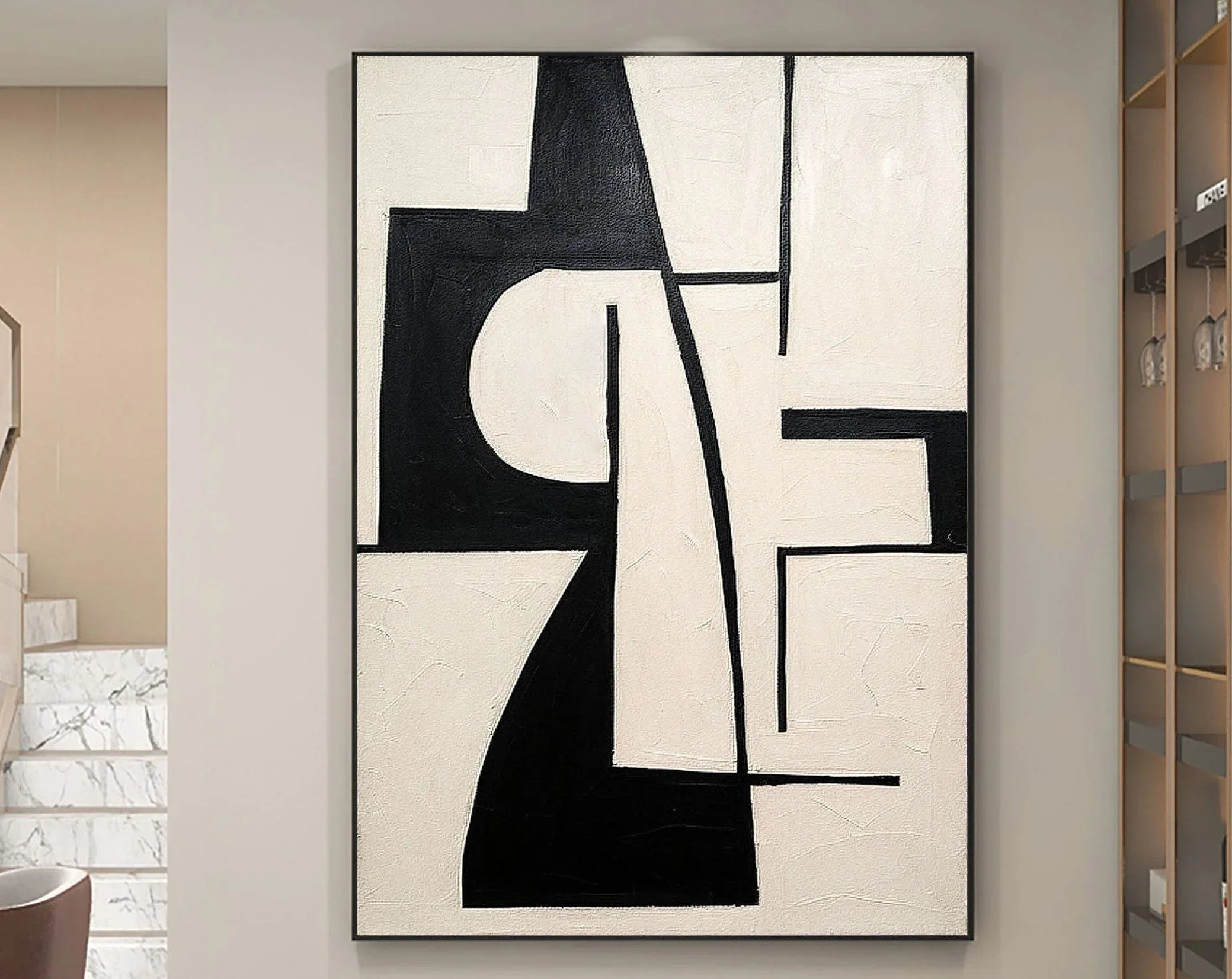 Monochrome Balance-Block Rhythm Black and White Geometric Abstract Wall Art - artextured