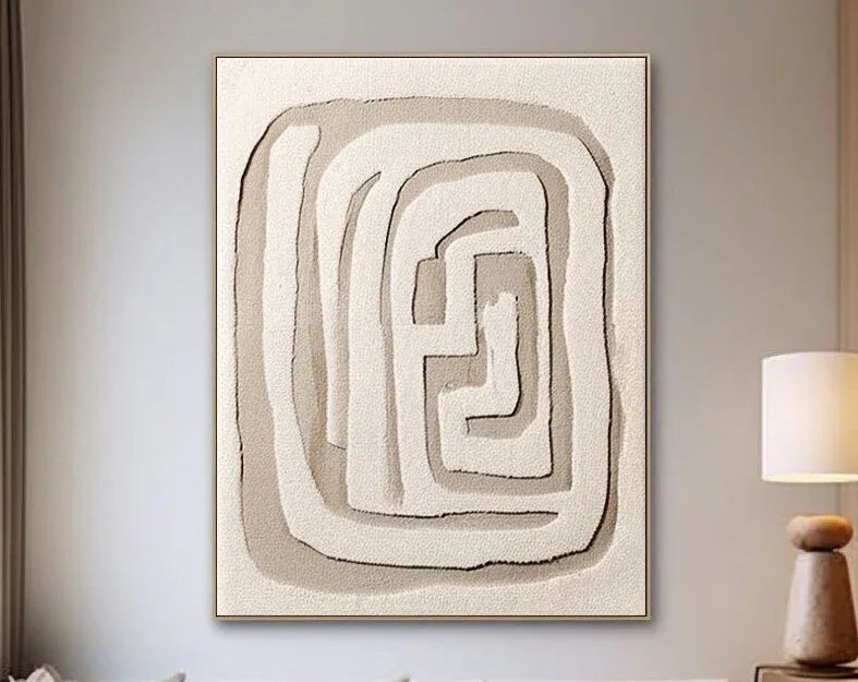 Beige Maze Echo-Modern Minimalist Geometric Maze Abstract Wall Art - artextured