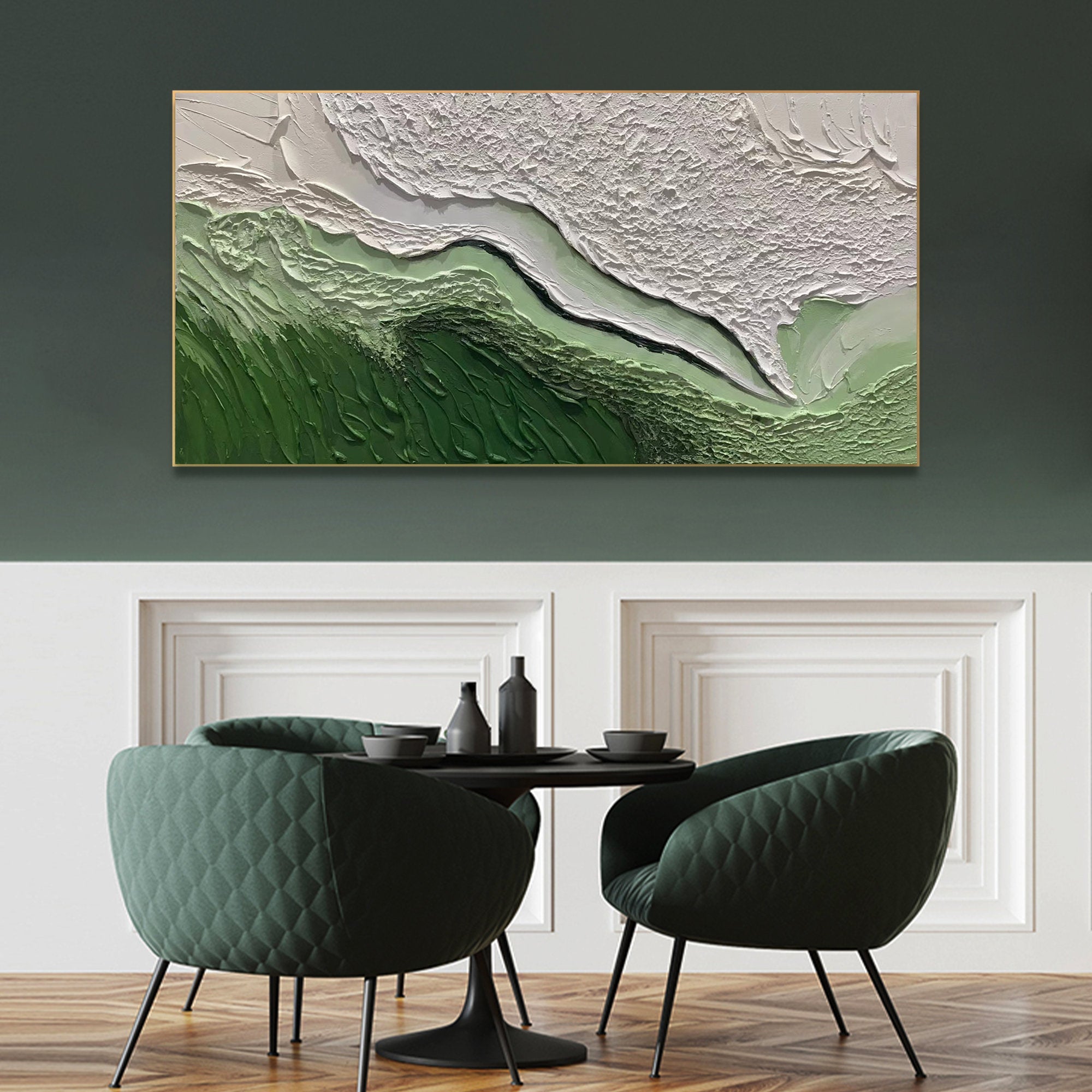 Abstract Green and White Textured Wall Art - Modern Horizontal Canvas