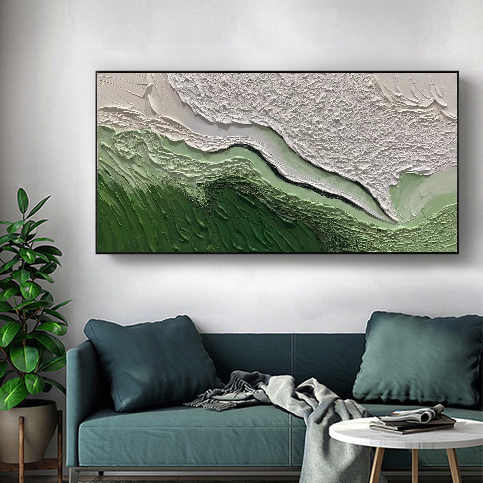 Abstract Green and White Textured Wall Art - Modern Horizontal Canvas