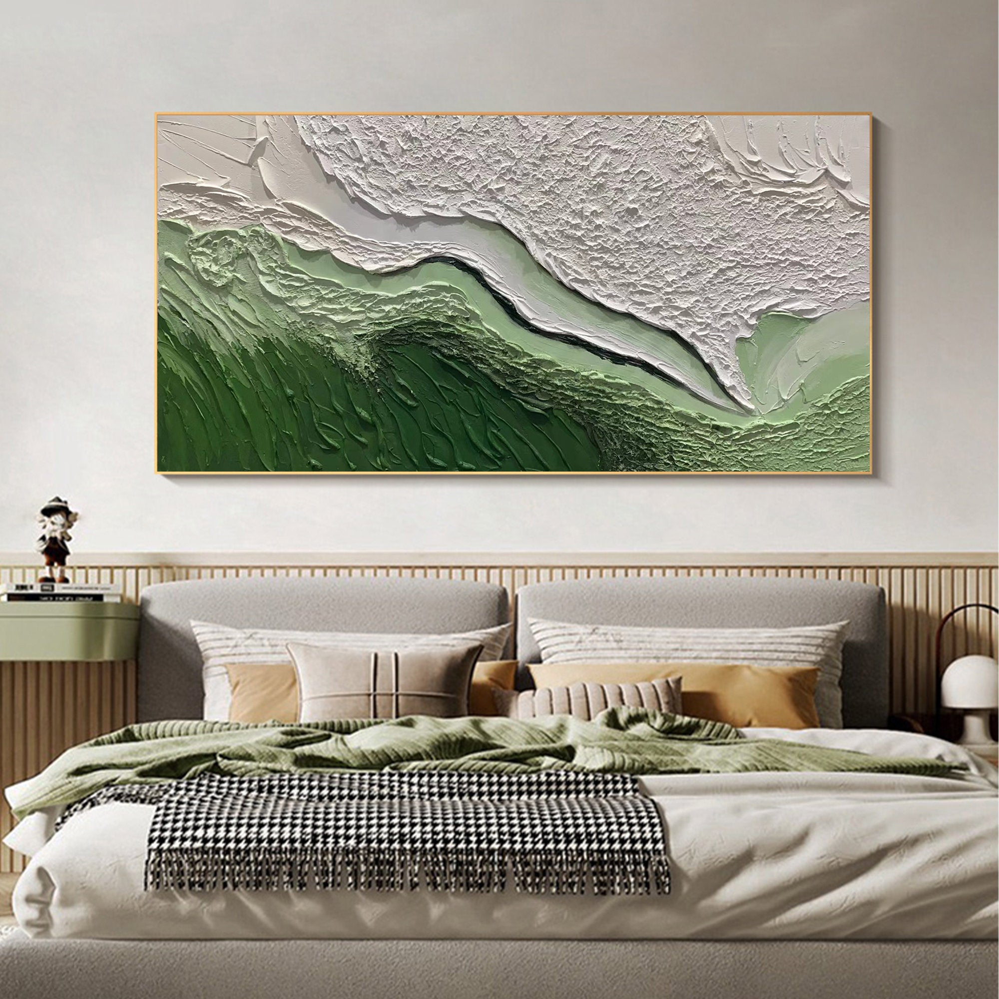 Abstract Green and White Textured Wall Art - Modern Horizontal Canvas