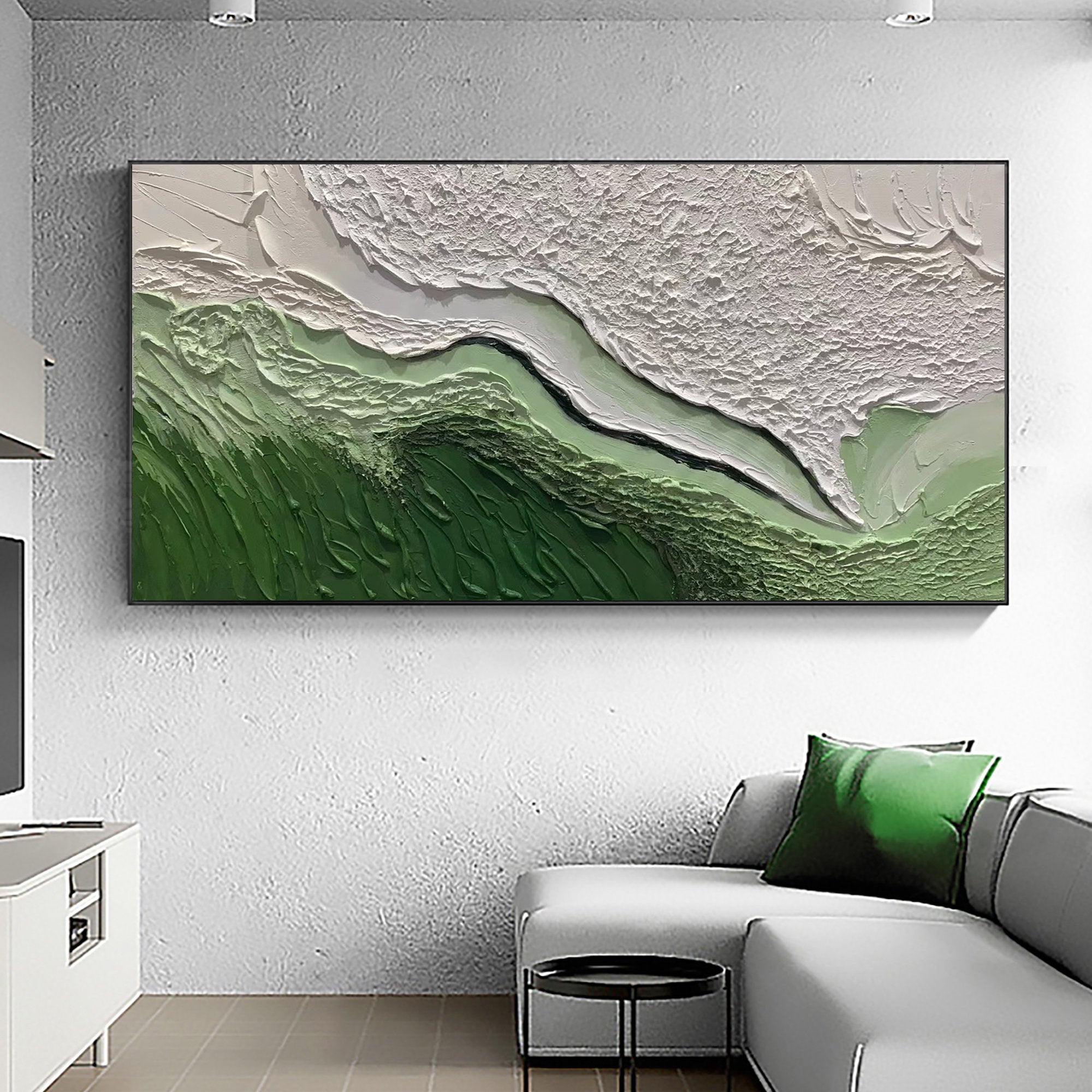 Abstract Green and White Textured Wall Art - Modern Horizontal Canvas