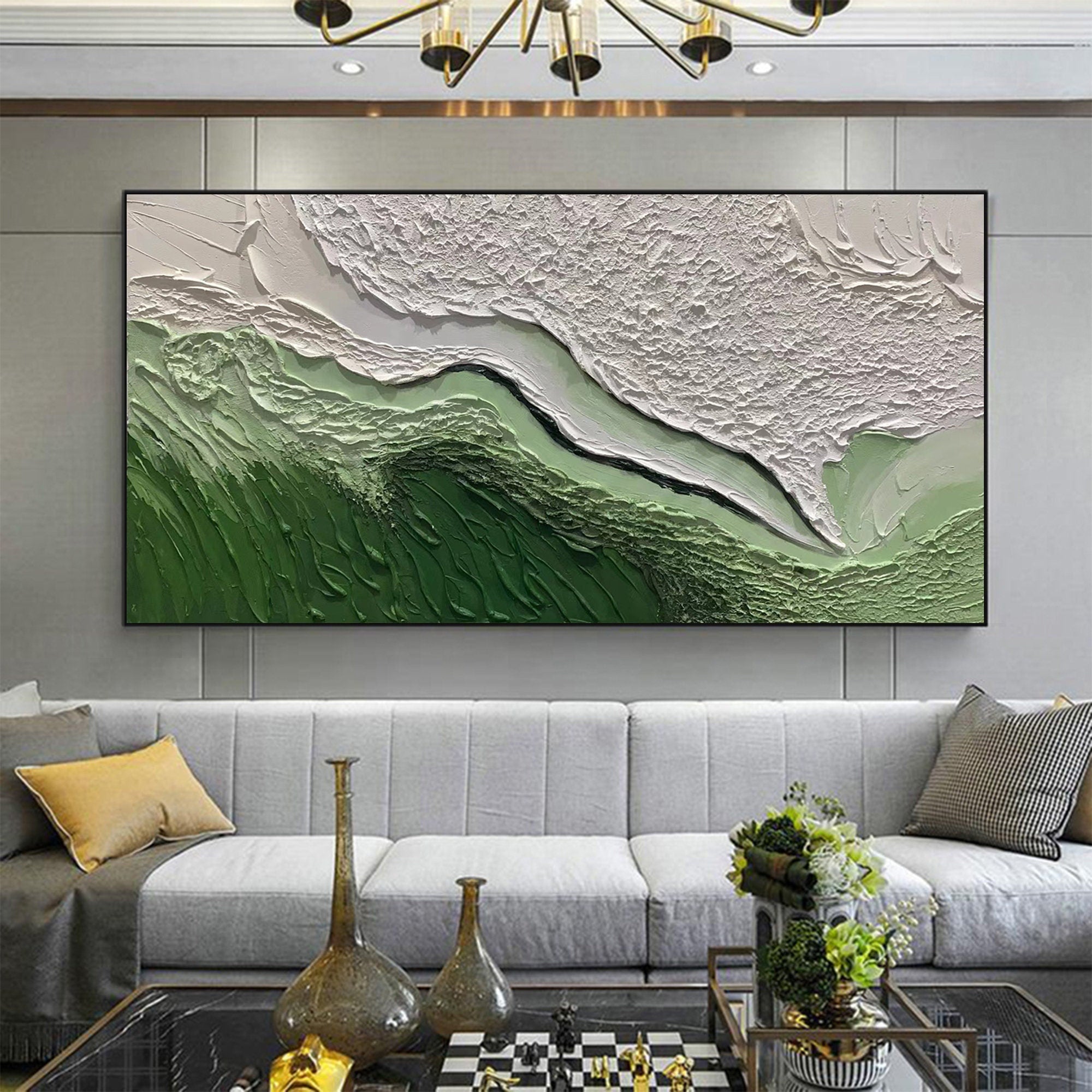 Abstract Green and White Textured Wall Art - Modern Horizontal Canvas