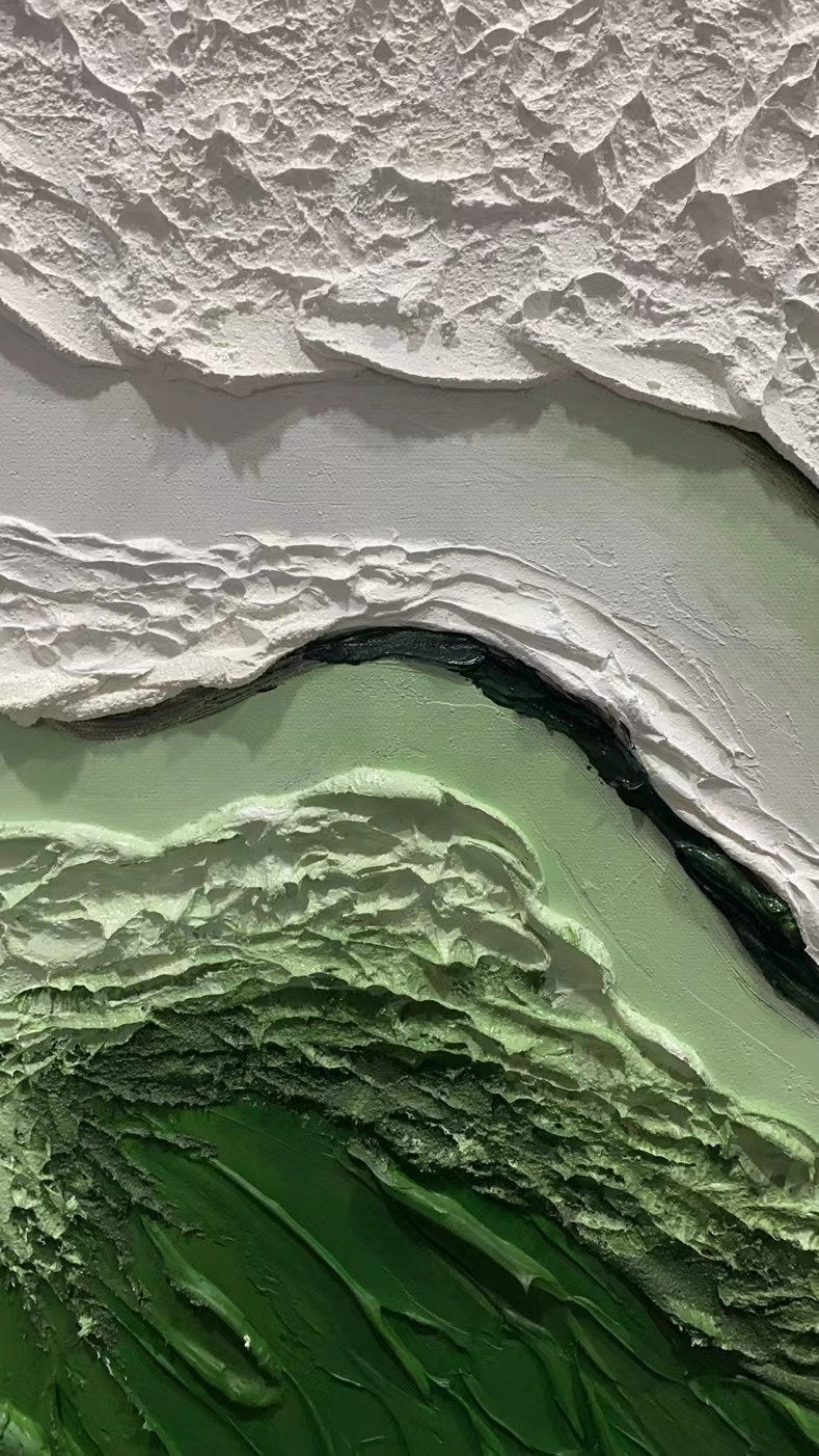 Abstract Green and White Textured Wall Art - Modern Horizontal Canvas