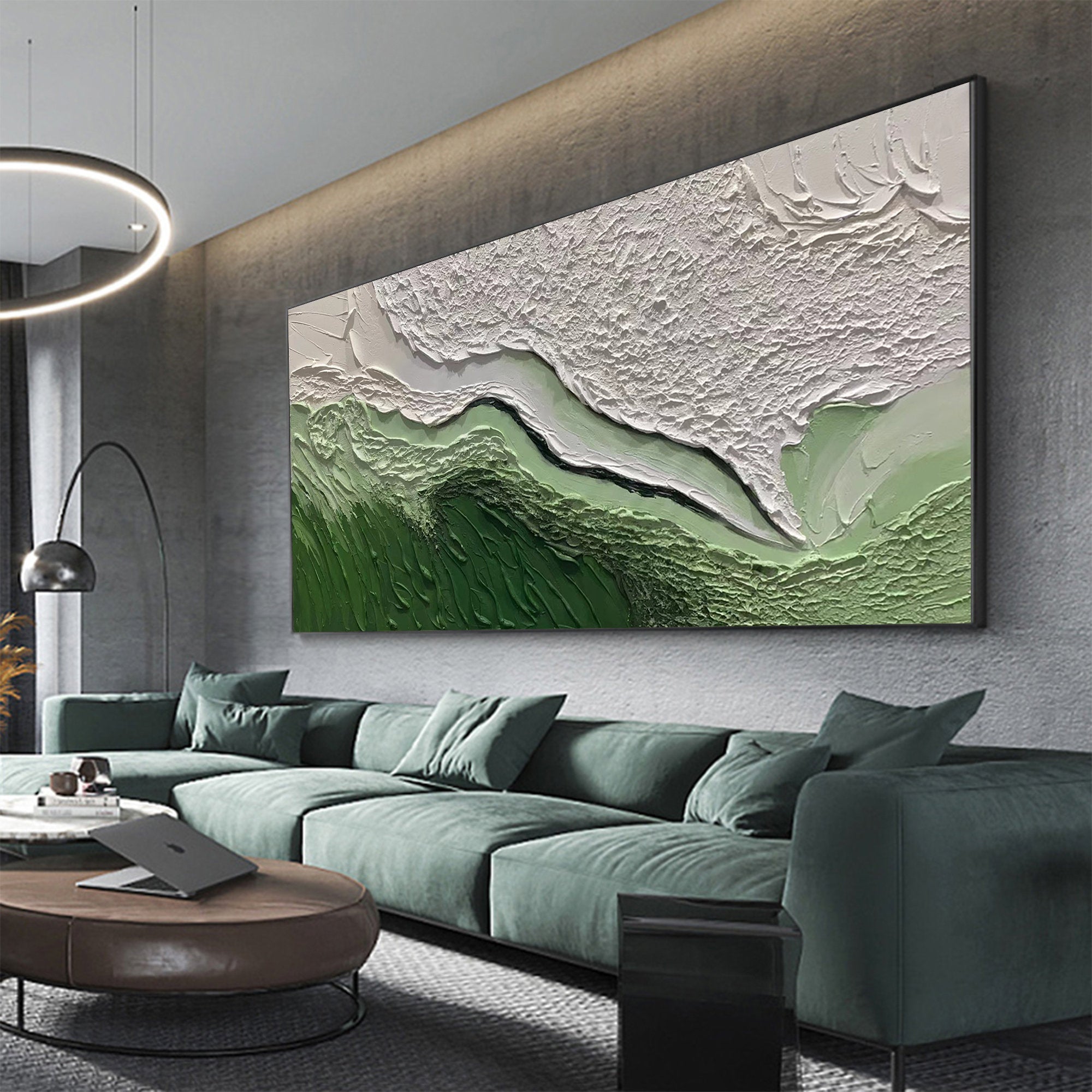 Abstract Green and White Textured Wall Art - Modern Horizontal Canvas