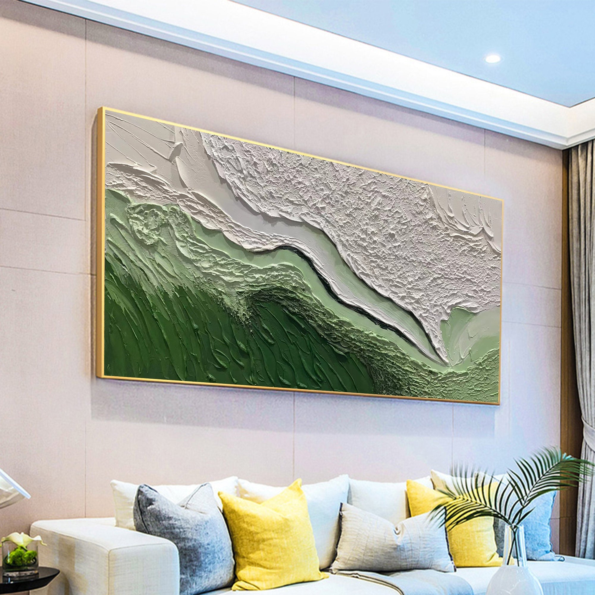 Abstract Green and White Textured Wall Art - Modern Horizontal Canvas