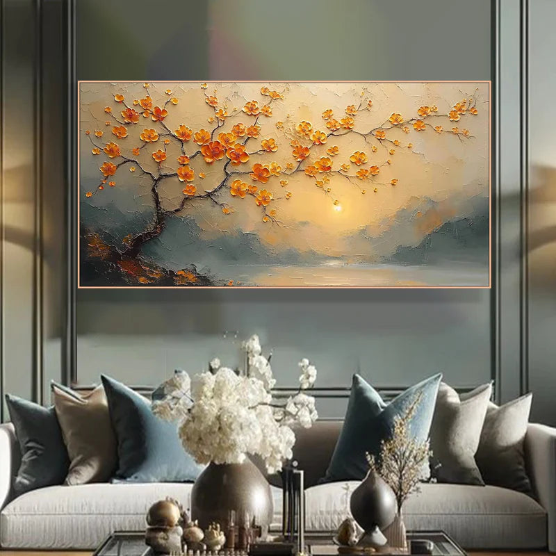 Sunset Blossom Textured Oil Painting – Orange Floral 3D Wall Art#AB0519068