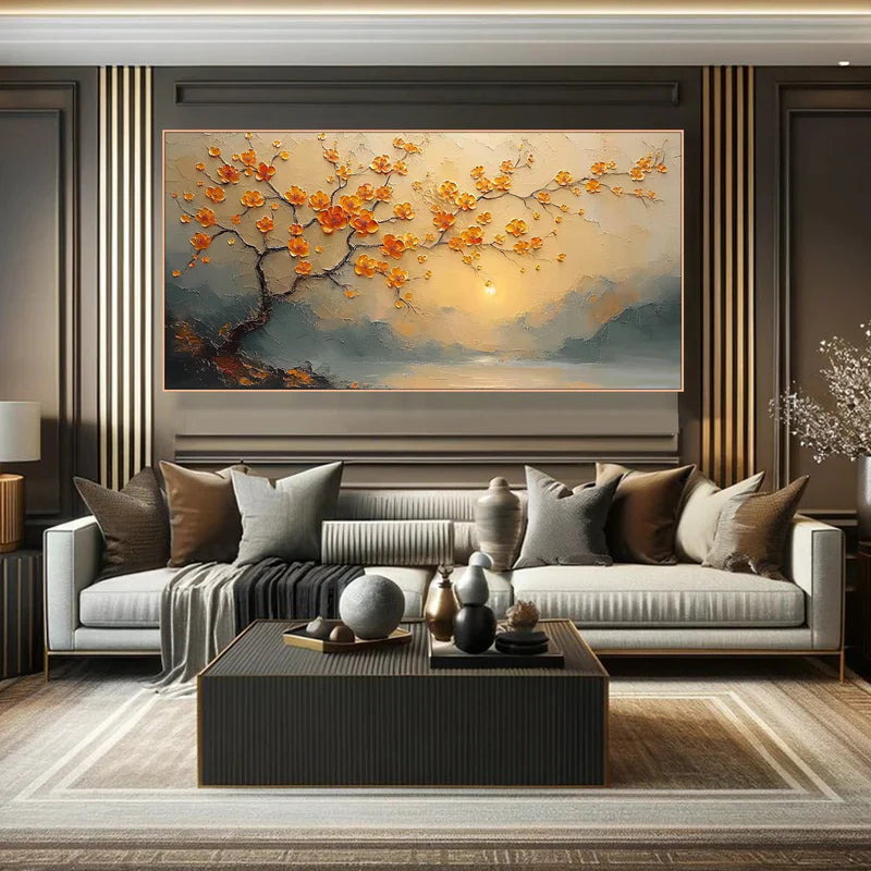 Sunset Blossom Textured Oil Painting – Orange Floral 3D Wall Art#AB0519068