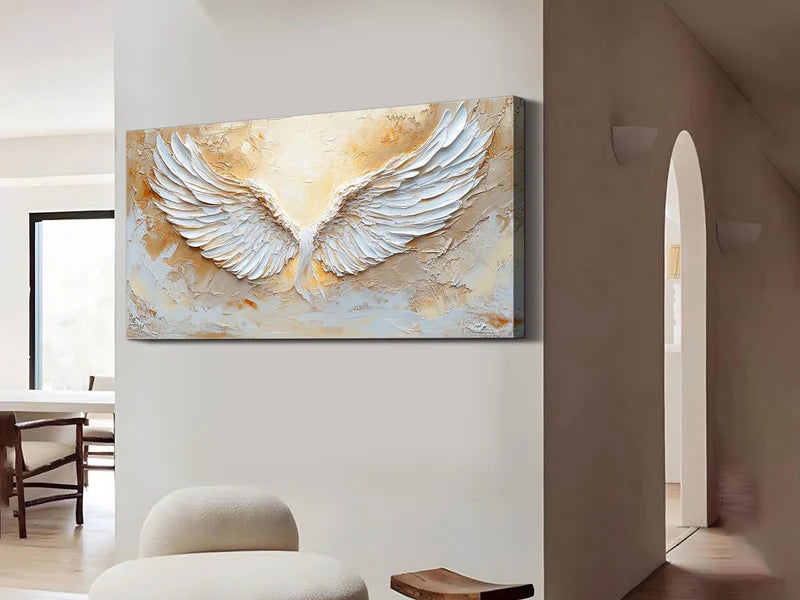 White Phoenix Wings Textured Oil Painting – 3D White Wings Wall Art#AB0519072
