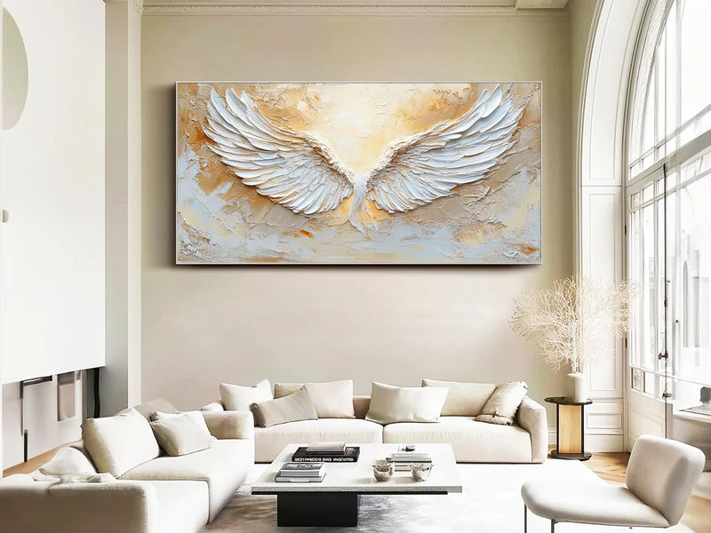 White Phoenix Wings Textured Oil Painting – 3D White Wings Wall Art#AB0519072