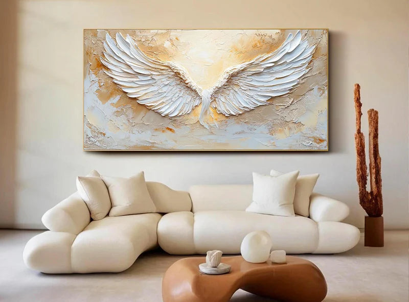 White Phoenix Wings Textured Oil Painting – 3D White Wings Wall Art#AB0519072