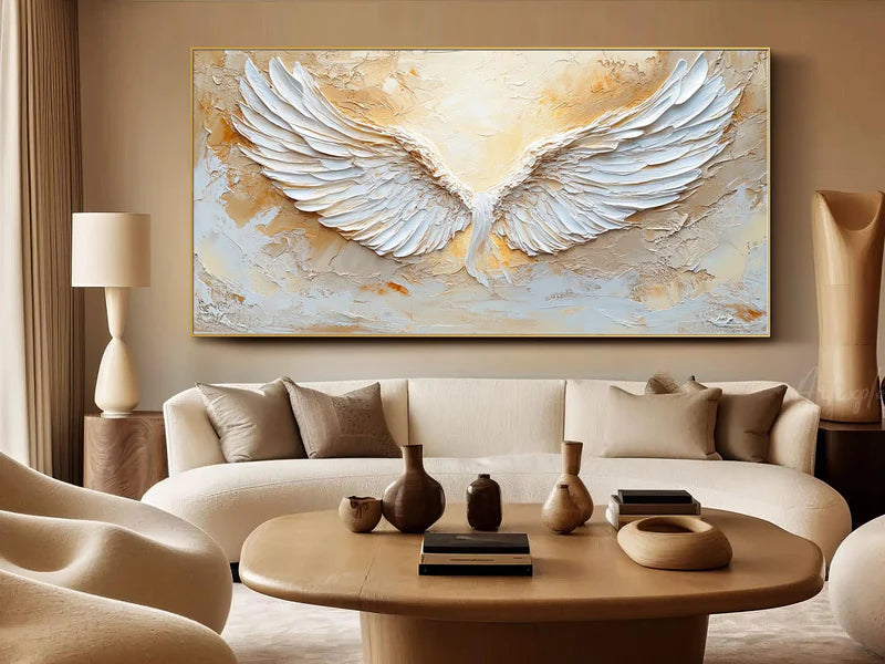 White Phoenix Wings Textured Oil Painting – 3D White Wings Wall Art#AB0519072