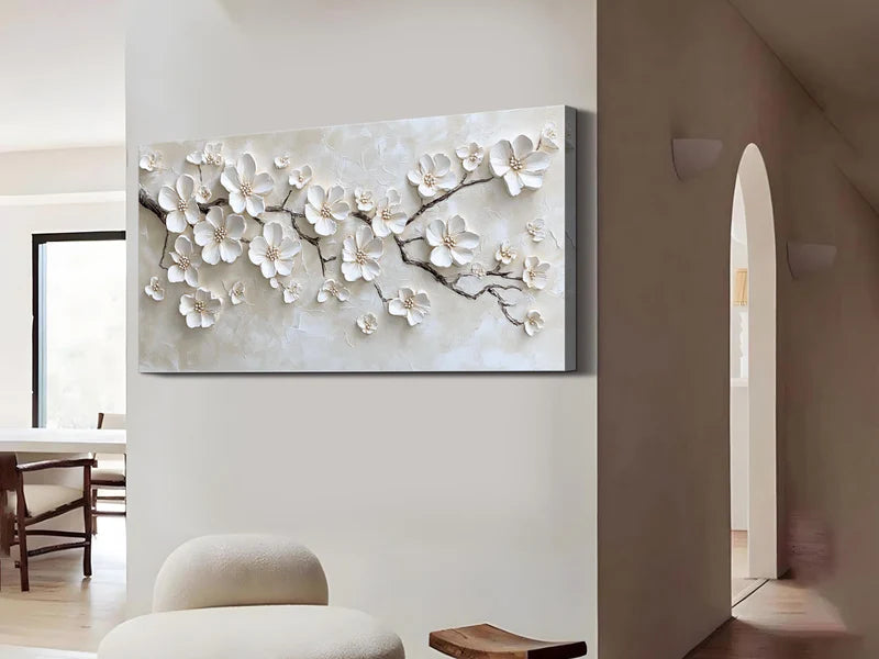 Pure Elegance Textured Oil Painting – White Floral 3D Wall Art#AB0519069