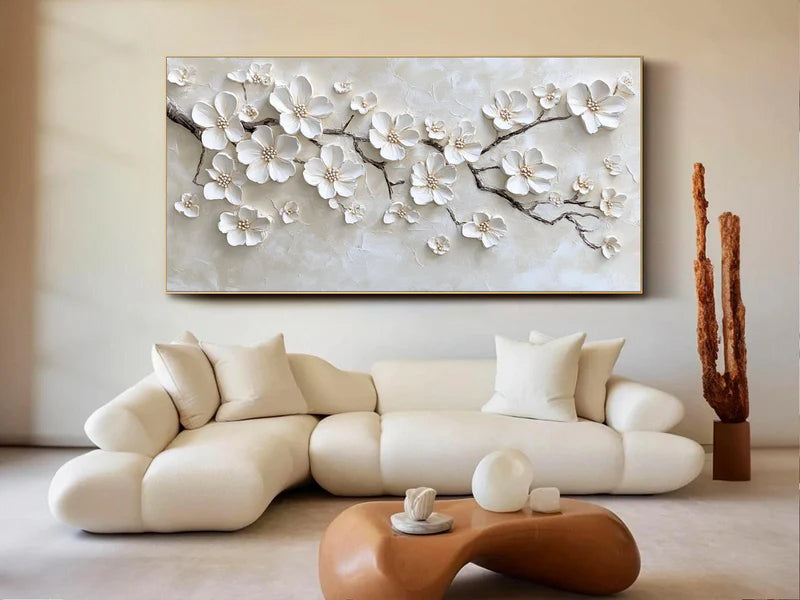 Pure Elegance Textured Oil Painting – White Floral 3D Wall Art#AB0519069