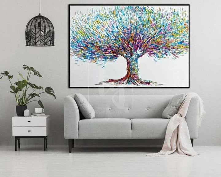 Colorful Tree-Hand-Painted Three-Dimensional Colorful Feather Life Tree Texture Wall Art - artextured