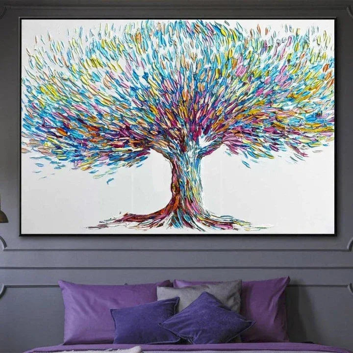 Colorful Tree-Hand-Painted Three-Dimensional Colorful Feather Life Tree Texture Wall Art - artextured