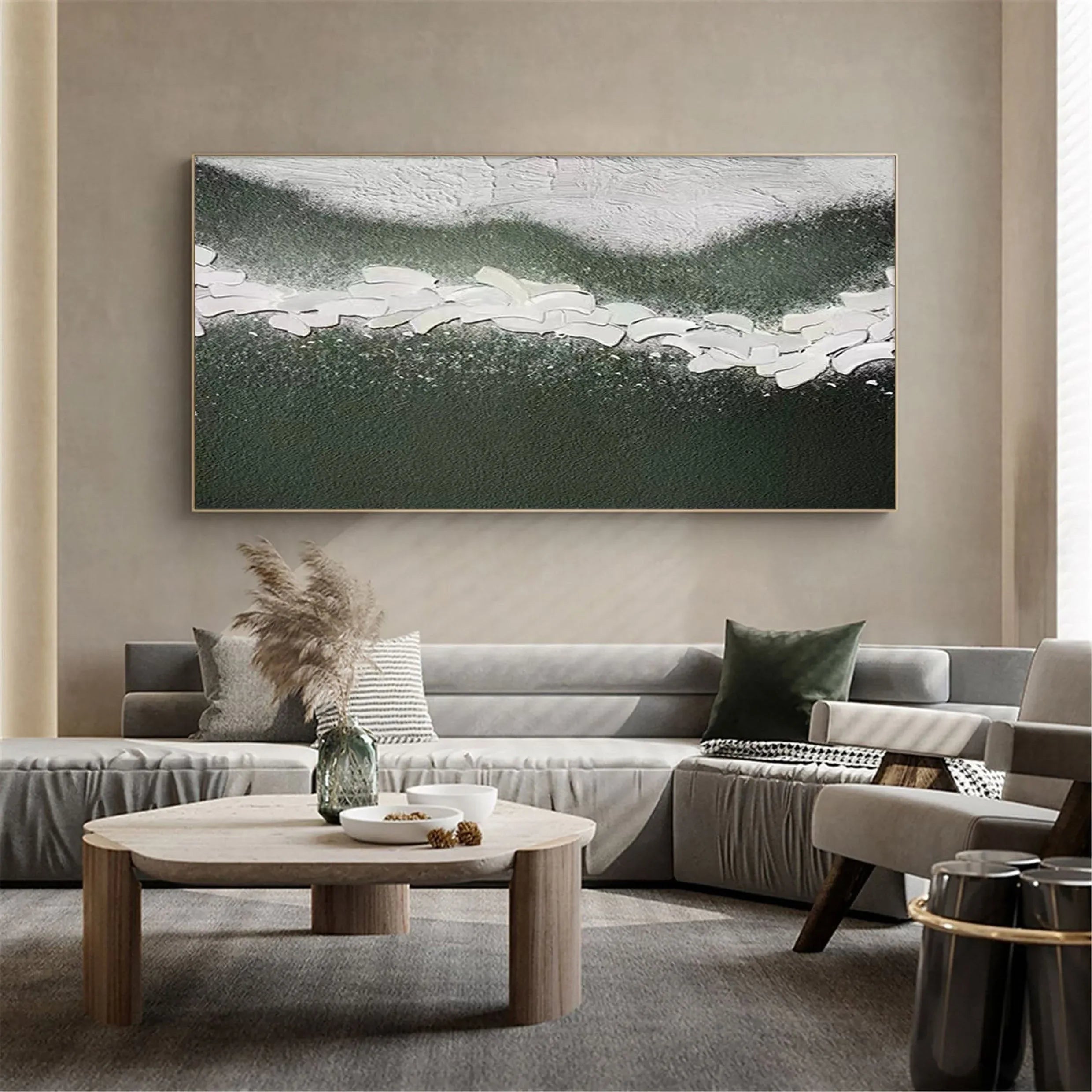 Path of Serenity-Hand Drawn Flowing Green and White Outline Abstract Texture Wall Art - artextured