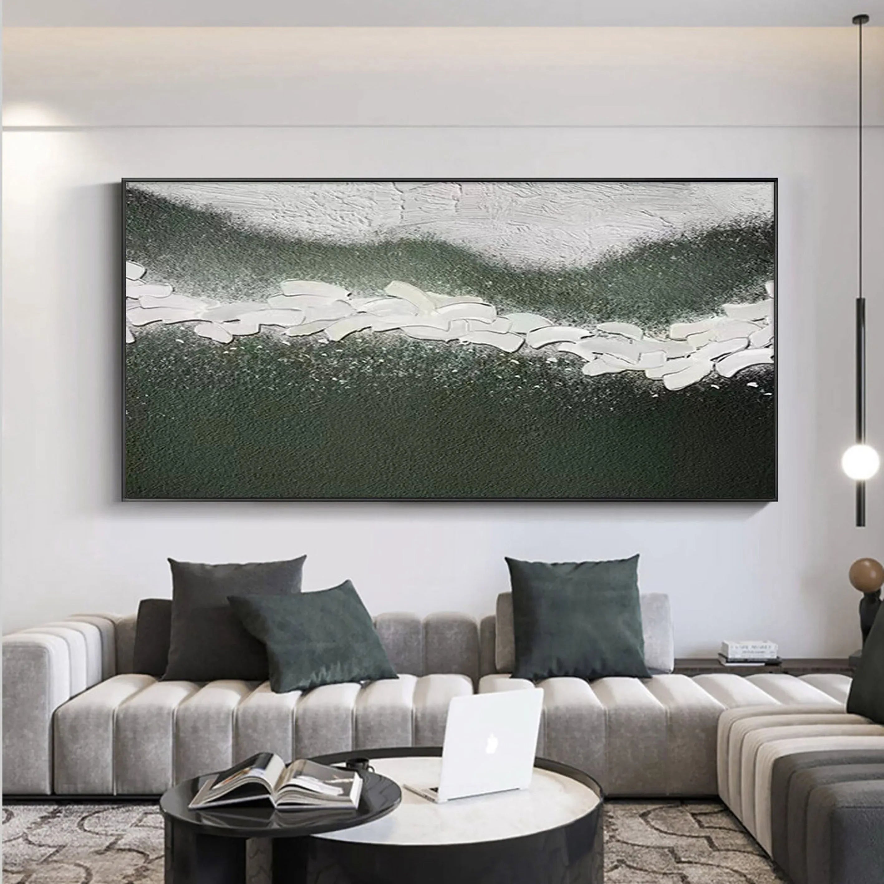 Path of Serenity-Hand Drawn Flowing Green and White Outline Abstract Texture Wall Art - artextured