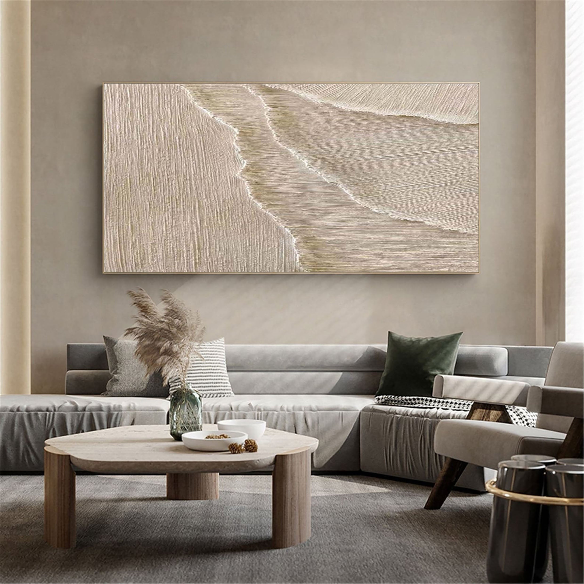 Whispering Sands-Minimalist Oil Painting Wall Art With Flowing Water Wave Texture