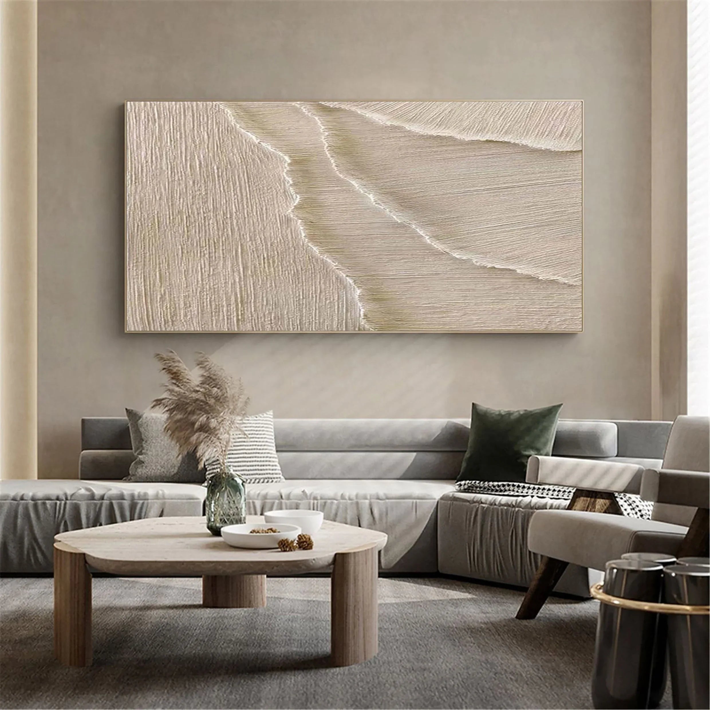 Whispering Sands-Minimalist Oil Painting Wall Art With Flowing Water Wave Texture - artextured