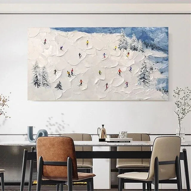 Winter Sports Adventure-Hand-Painted Abstract Oil Painting of a Snowy Skiing Scene Wall Art - artextured