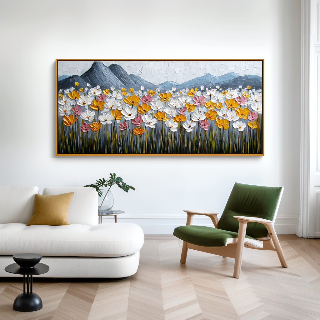 Meadowlight Peaks Textured Floral Landscape Canvas Wall Art#AB14265