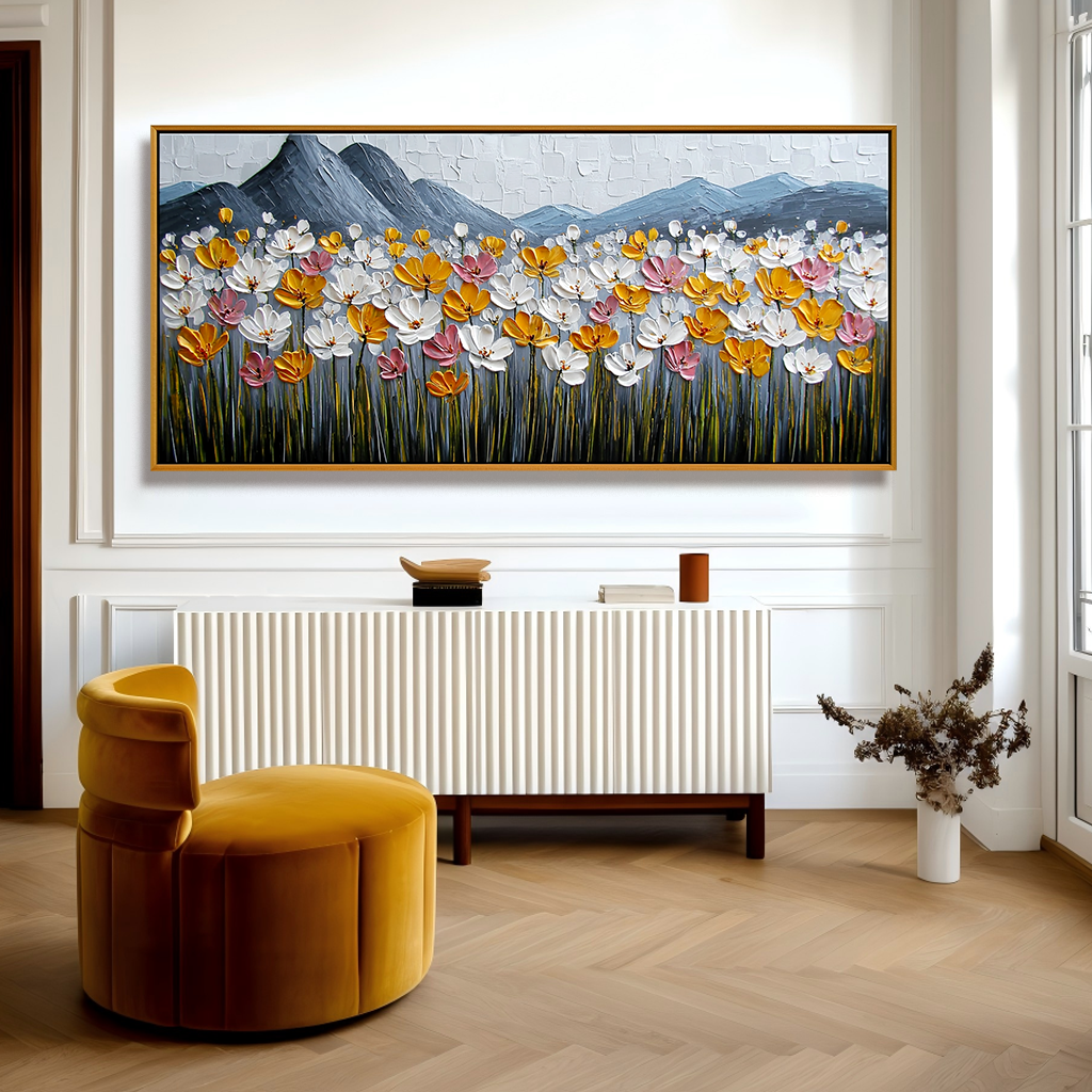Meadowlight Peaks Textured Floral Landscape Canvas Wall Art#AB14265