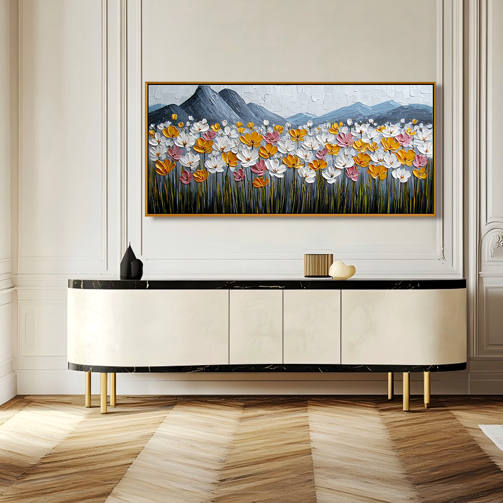 Meadowlight Peaks Textured Floral Landscape Canvas Wall Art#AB14265